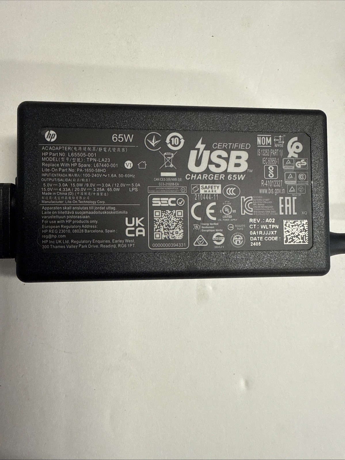 Lot of 5 Genuine HP 65W TYPE C AC ADAPTER Mixed Lot 20V 3.25 A