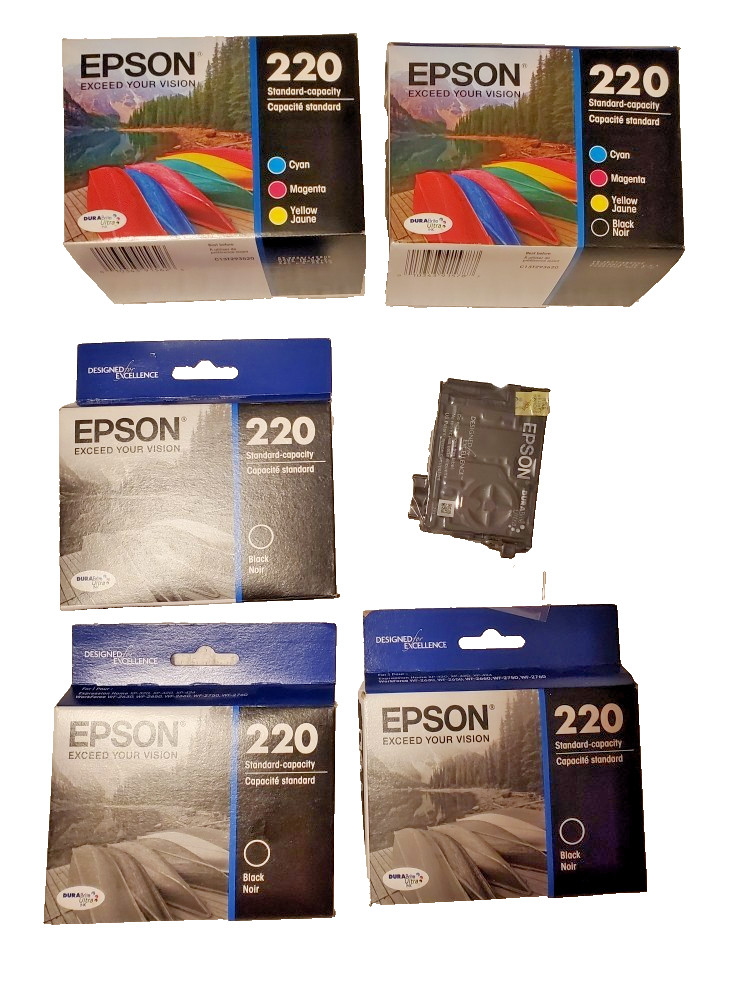 Lot of 11 Epson 220 Ink Cartridges Exp 2024, 2027, & Unknown – New Sealed Packs