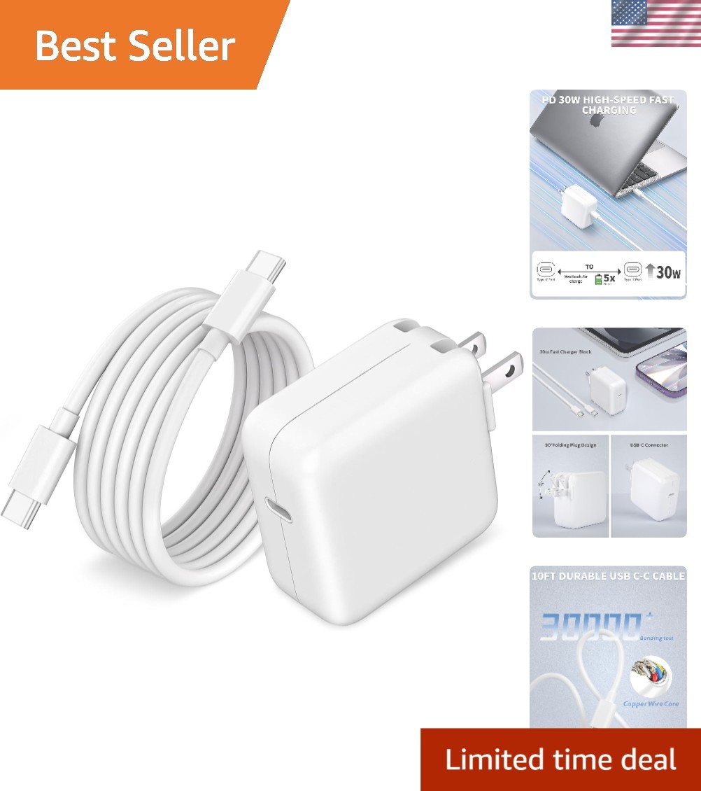 Apple 30W USB-C Power Adapter & 10FT Cable – Fast Charge Your MacBook & iPhone