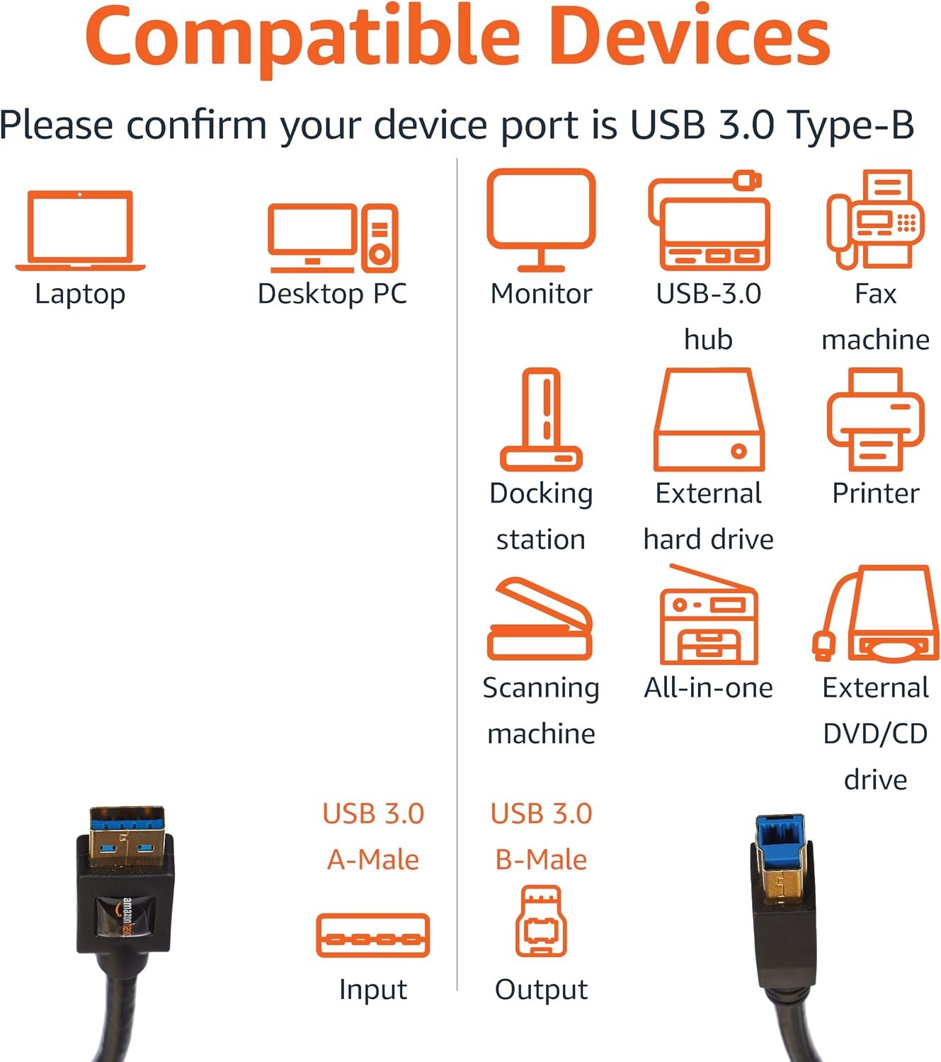 Amazon Basics USB-A to USB-B 3.0 Cable, 4.8Gbps High-Speed w/ Gold-Plated
