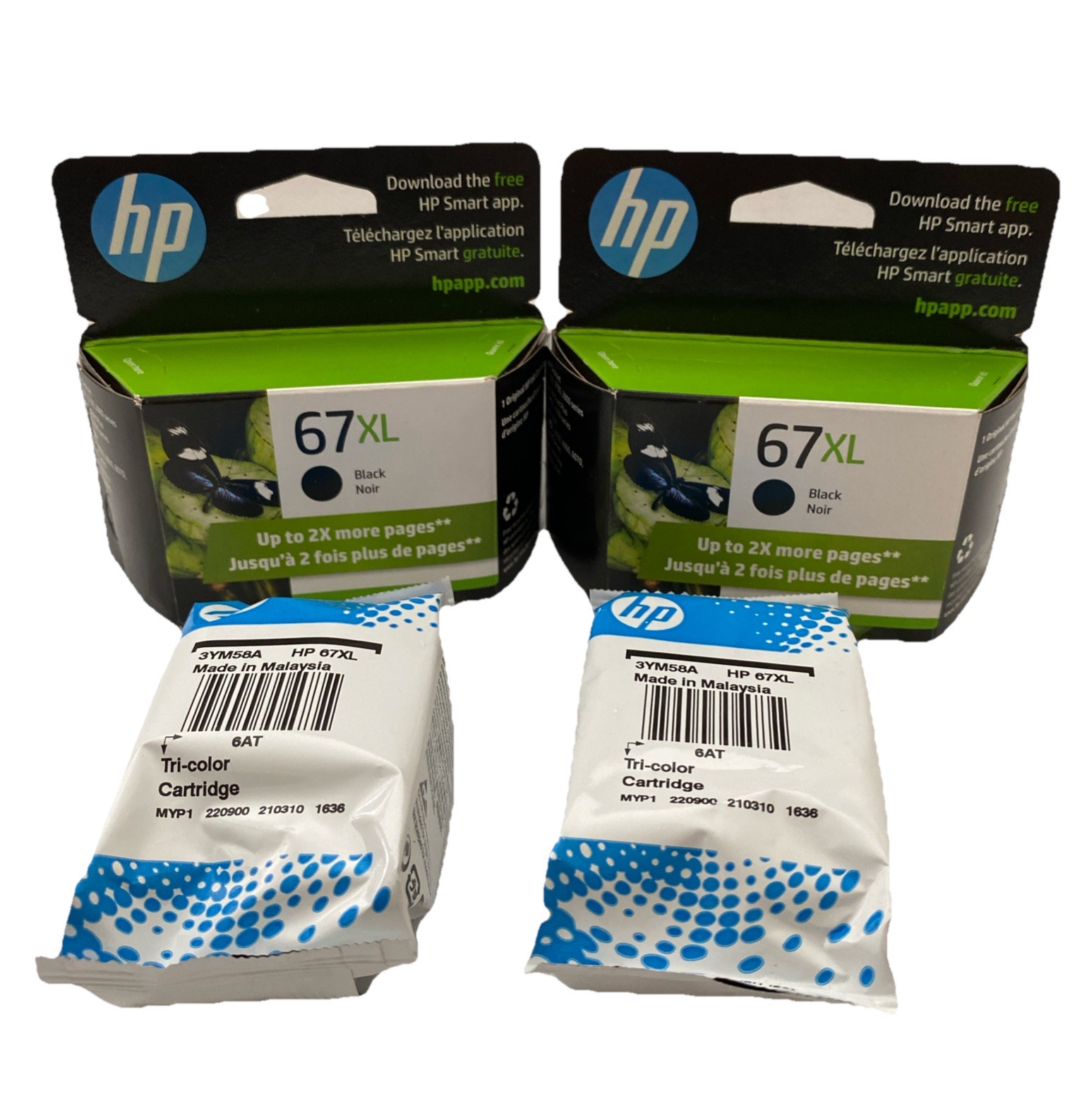 HP 67 XL Ink Cartridges 2 Black/2 Tri-Colored NEW Expires Sep 2026
