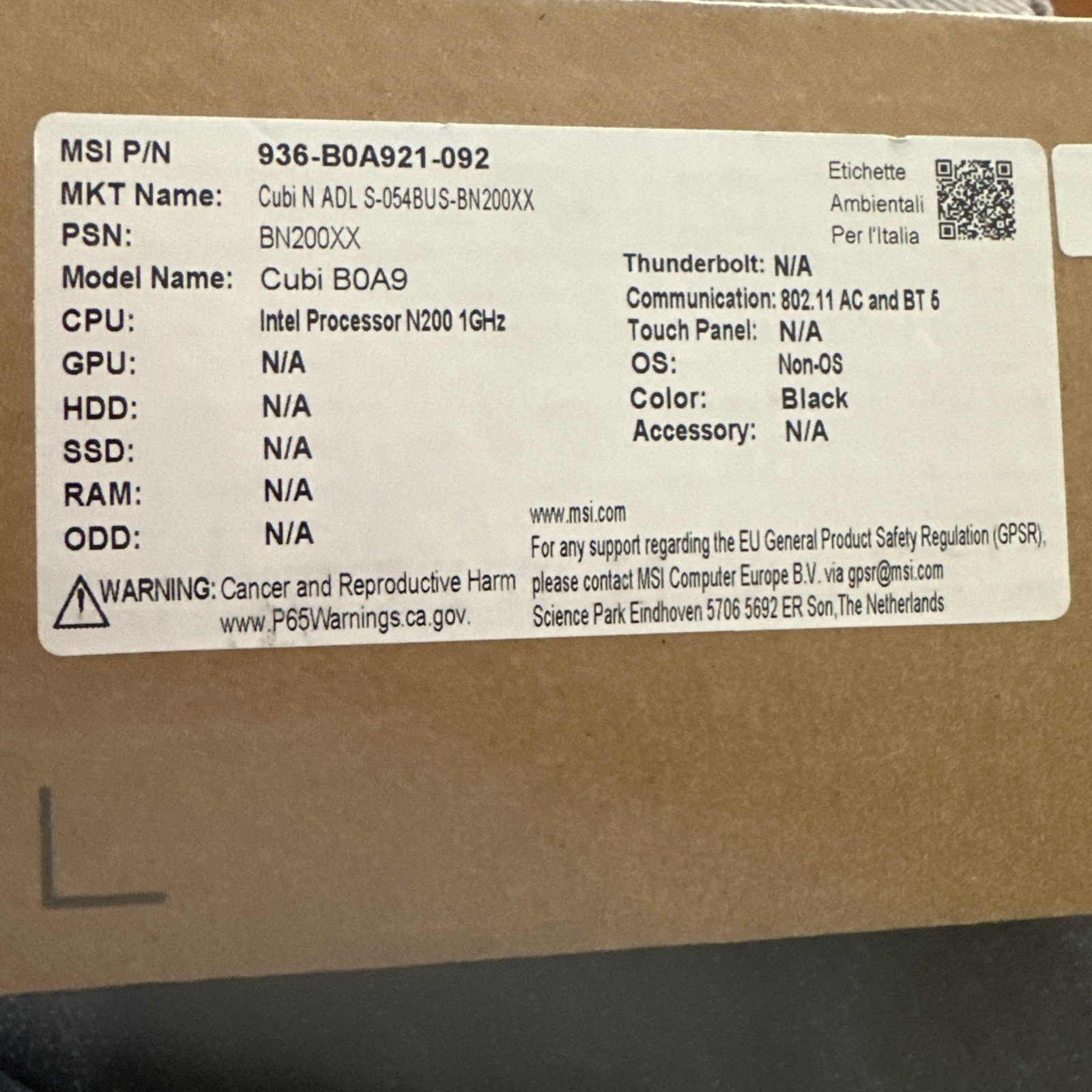 MSI Cubi N ADL barebone Mini PC-Internal pension N100, Intel UHD, WiFi Dual Dis