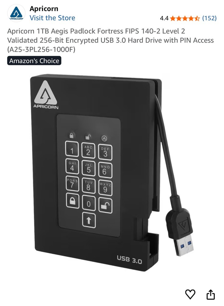 Apricorn Aegis Padlock 1Tb External Hard Drive Usb 3.0 Model A25-3PL256-1000