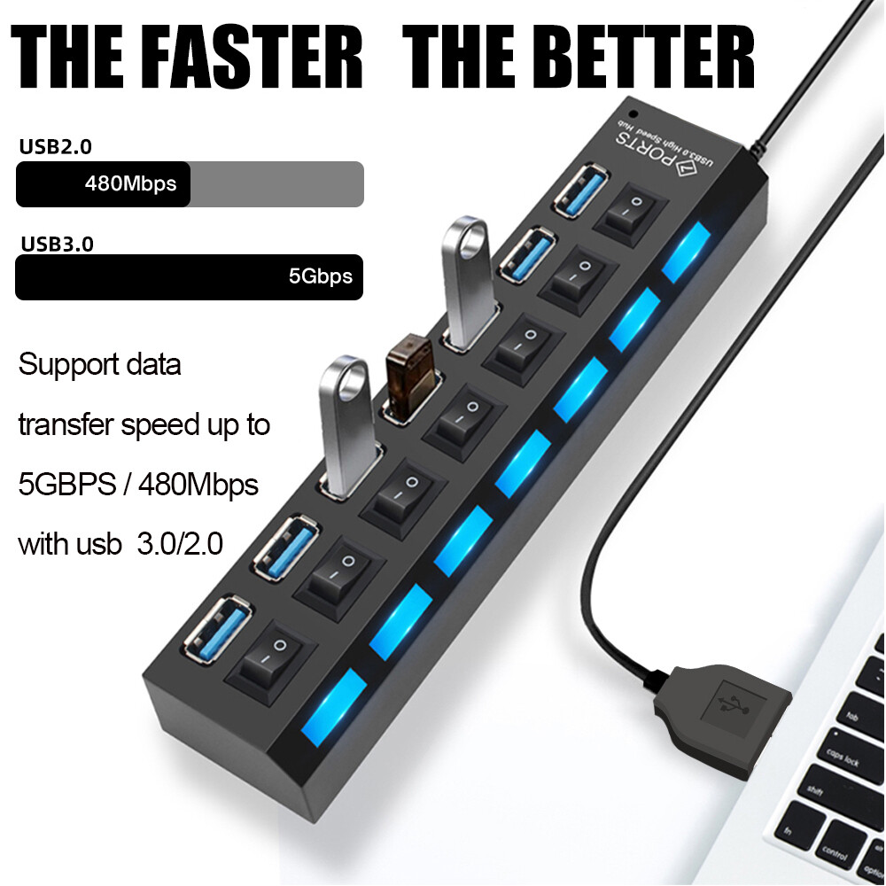 7 Port USB 2.0 / 3.0 Hub Splitter Adapter High Speed For PC Laptop Mac Desktop