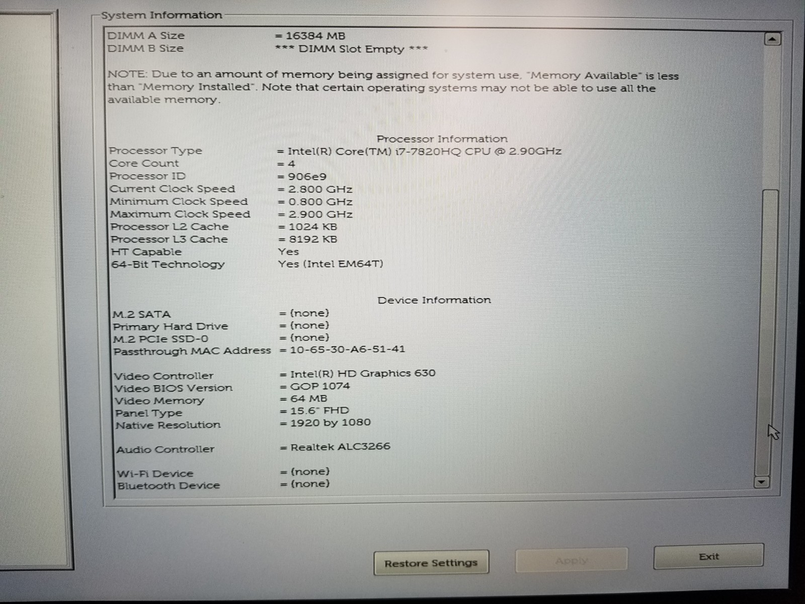 Dell Precision 5520 15.6″ i7-7820HQ 16GB RAM No SSD No OS/ Batt