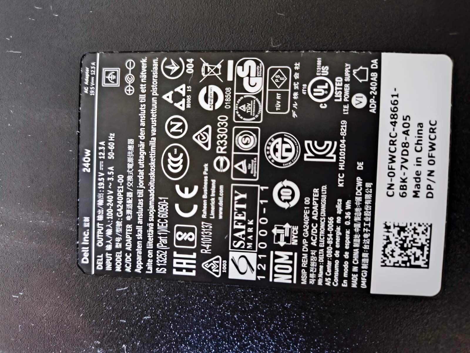 Dell Inc. 240W AC Adapter GA240PE1-00/LA240pm160 19.5V 12.3A