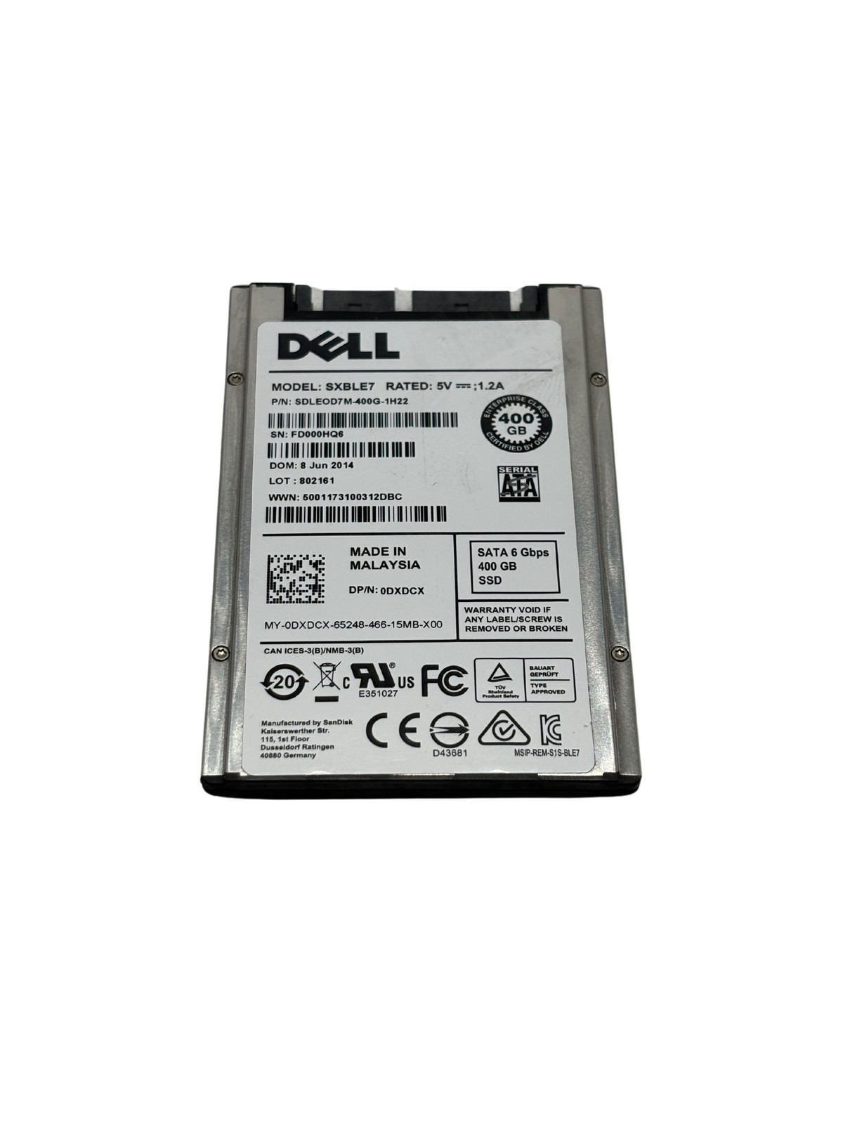 Dell DXDCX 400GB SSD SATA 6GBPS 1.8″ Hard Drive SXBLE7 SDLE0D7M-400G-IH22