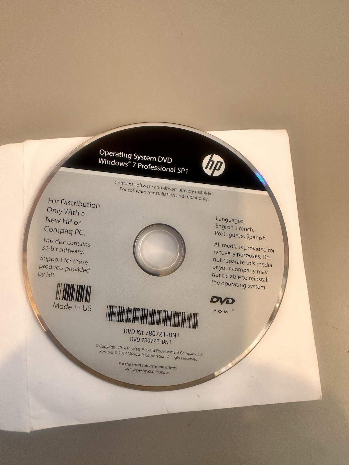 HP Operating System DVD Windows 7 Professional SP1 32-bit 780721-DN1