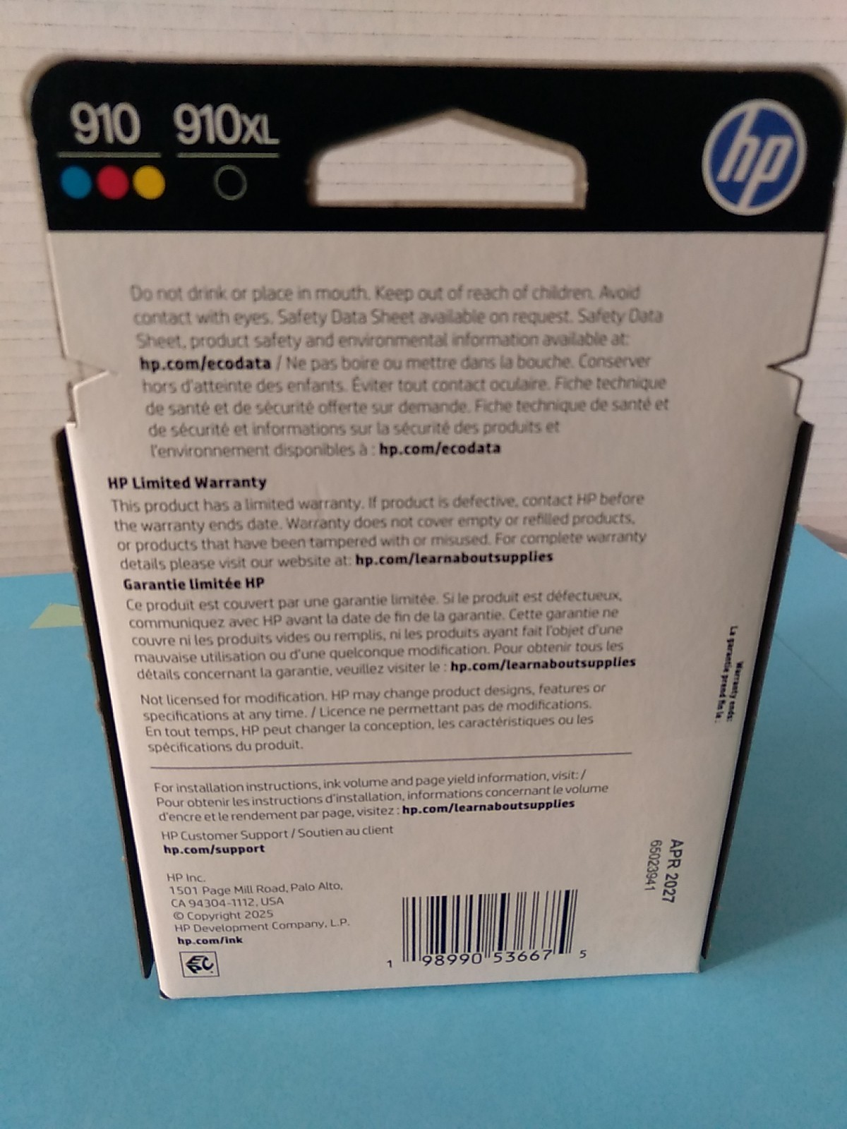 Genuine HP 910XL High Yield Black & 910 Cyan Magenta Yellow 910xl/910 4 Pack B