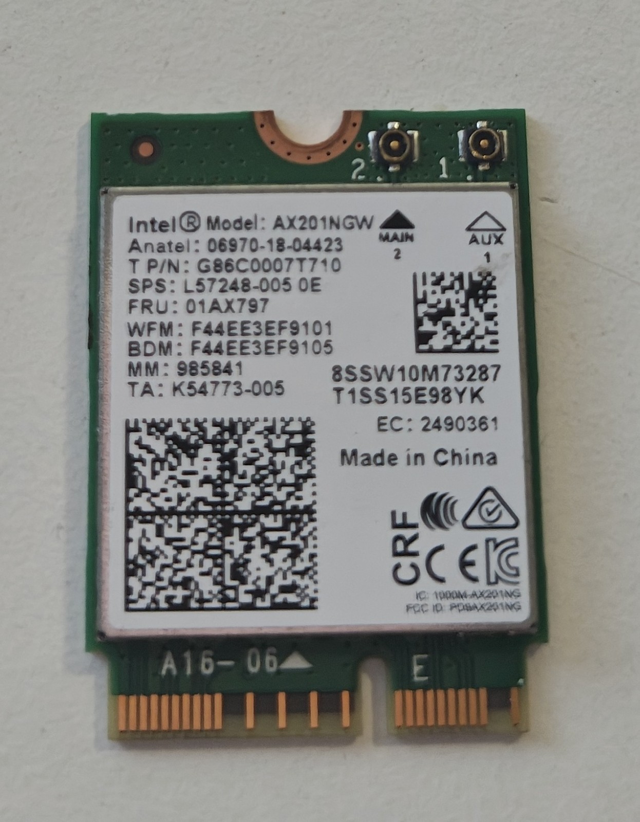 INTEL AX201NGW DUAL BAND Wi-Fi 5.0 AND 2.4GHZ + BLUETOOTH NETWORK CARD