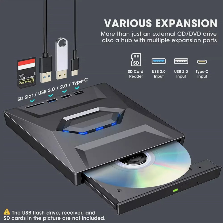 External CD DVD-RW Drive Writer Burner USB SD USB-C Reader Hub PC Laptop Windows