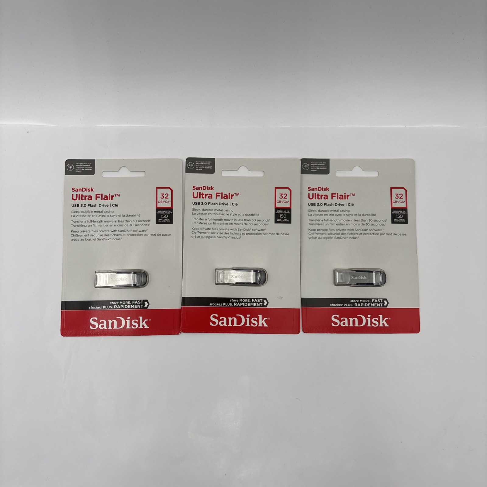 Lot of 3 SanDisk Ultra Fair 32GB USB 3.0 Flash Drive 150MB/s Silver New Sealed