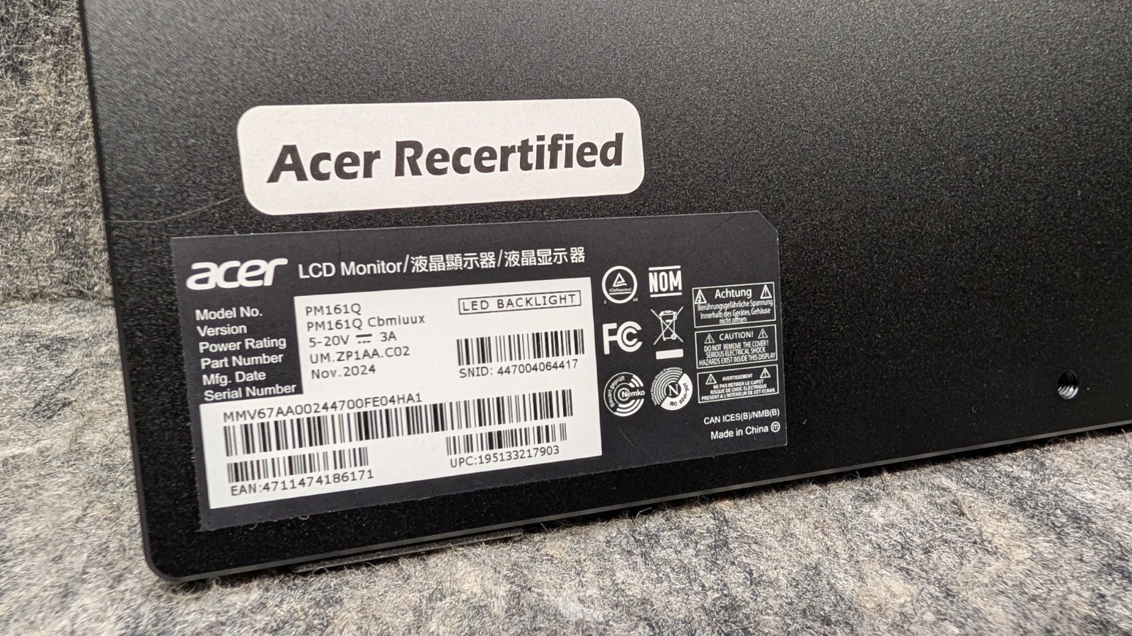 Acer PM161Q 15.6in Portable Monitor 1920×1080 250Nit 60Hz 5ms Bundle