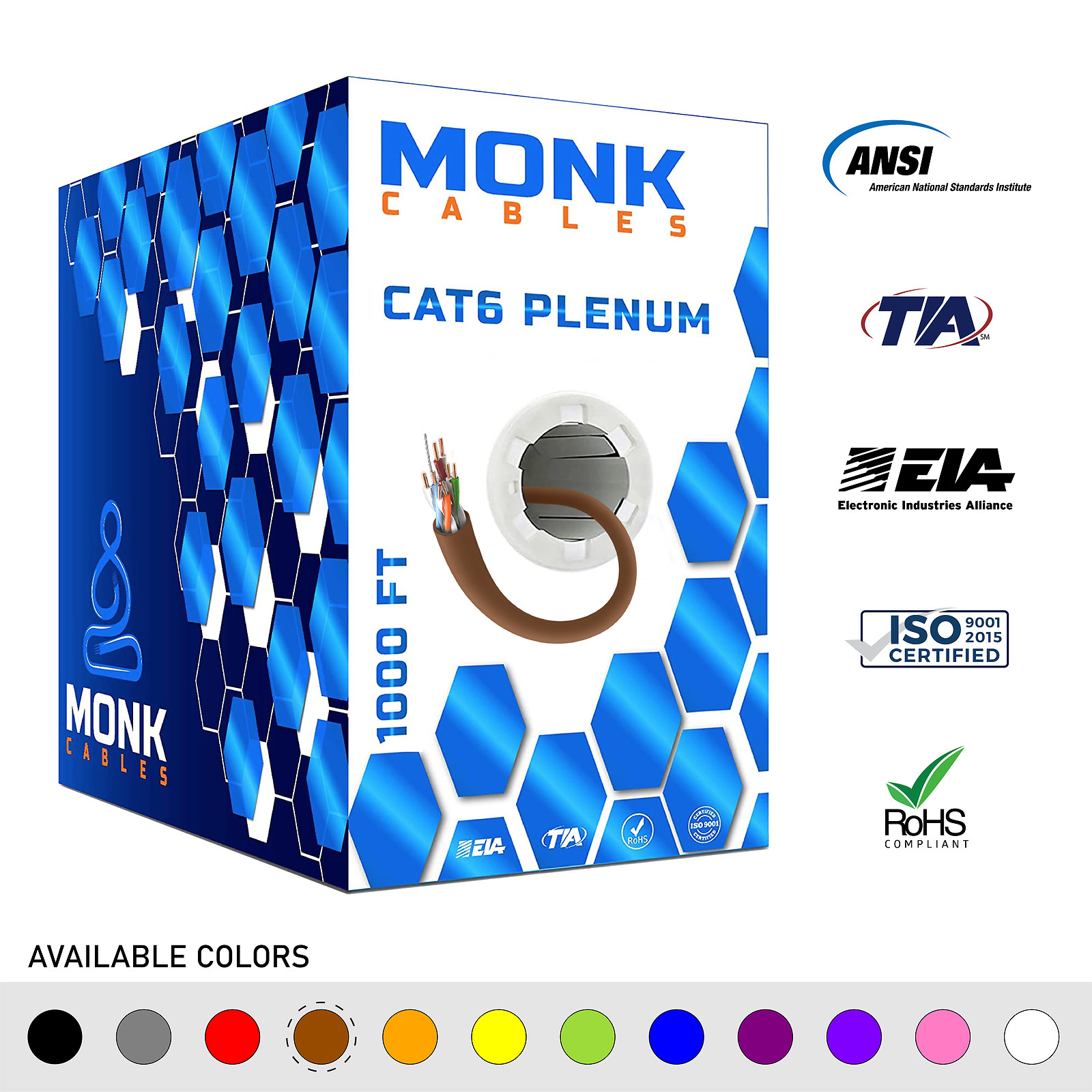Cat6 Plenum 1000ft Cable Bulk CMP Internet Wire 23AWG 550MHz UTP Ethernet Brown