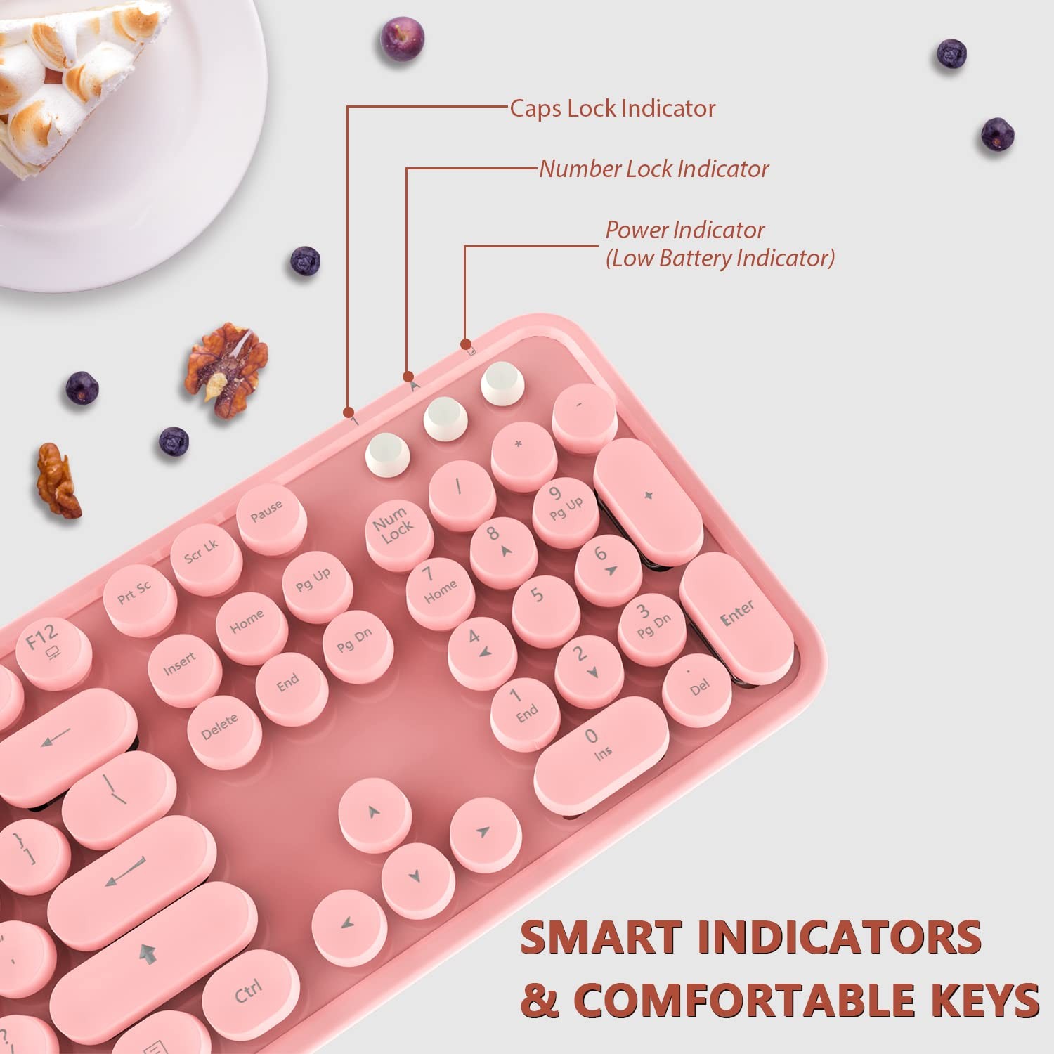Pink White Wireless Keyboard and Mouse Combo Retro Round Keycaps 104 Key