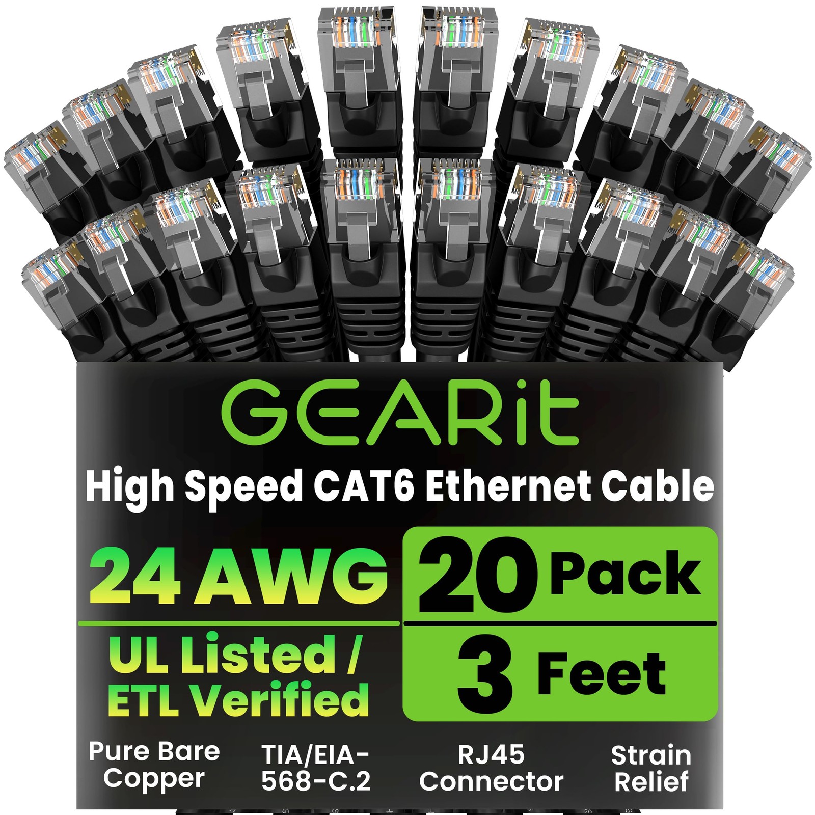 Black 3 Ft 10 Gbps Snagless Gold Plated RJ45 Cat 6 Ethernet Patch Cable 20Pack