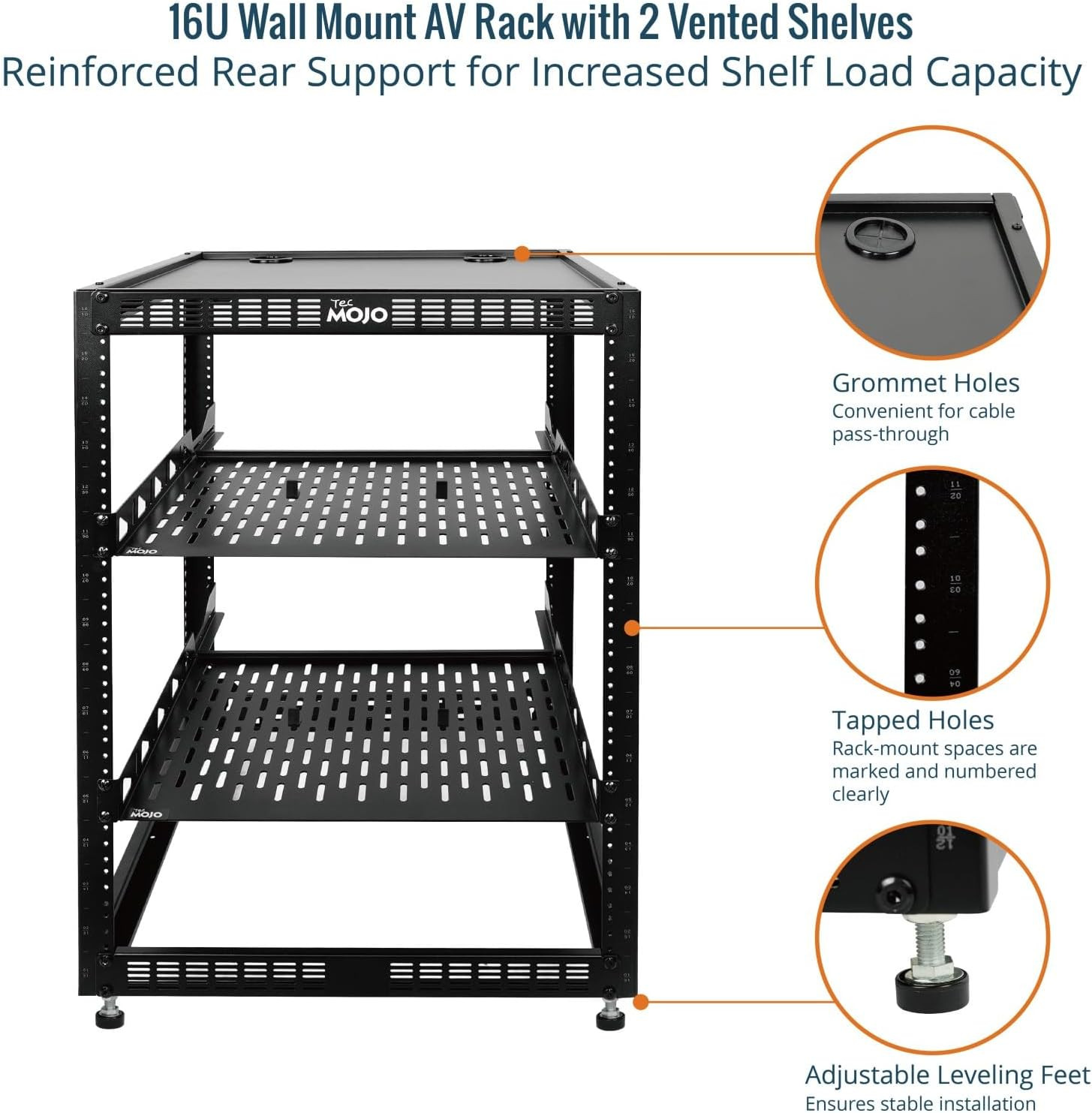 16U Open Frame Network Rack for IT & AV Gear, AV Rack Floor Standing or Wall Mou