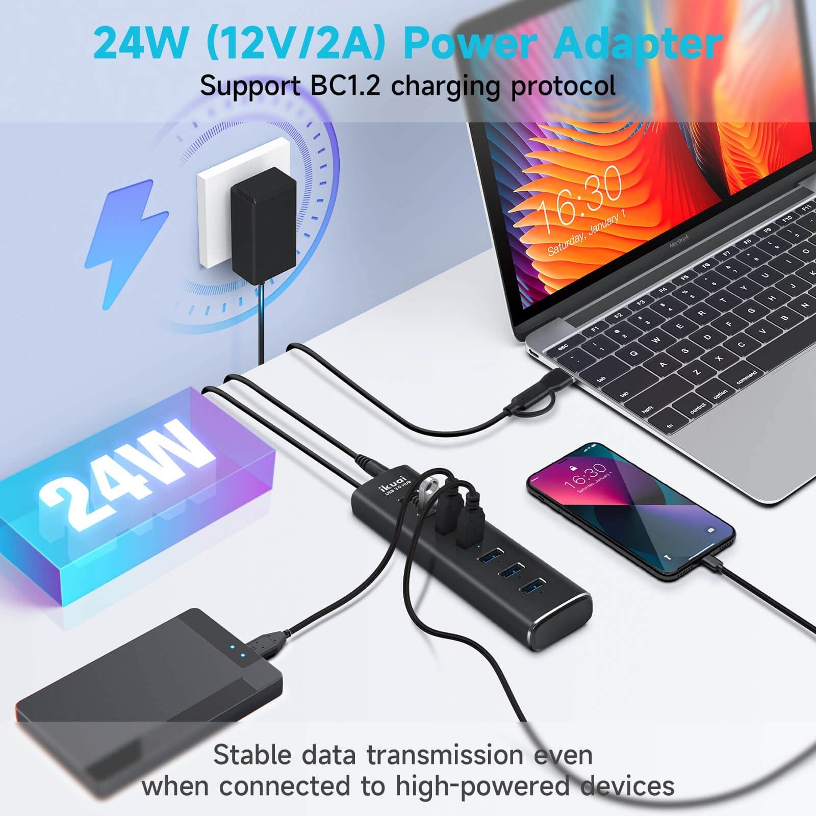 Powered USB 3.0 /USB C Hub, ikuai Aluminium 7-Port USB Hub Splitter with AC A…