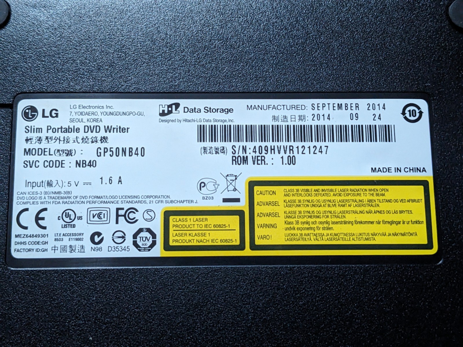 LG Slim Portable Computer DVD Player Writer GP50NB40 Black – NO USB CABLE
