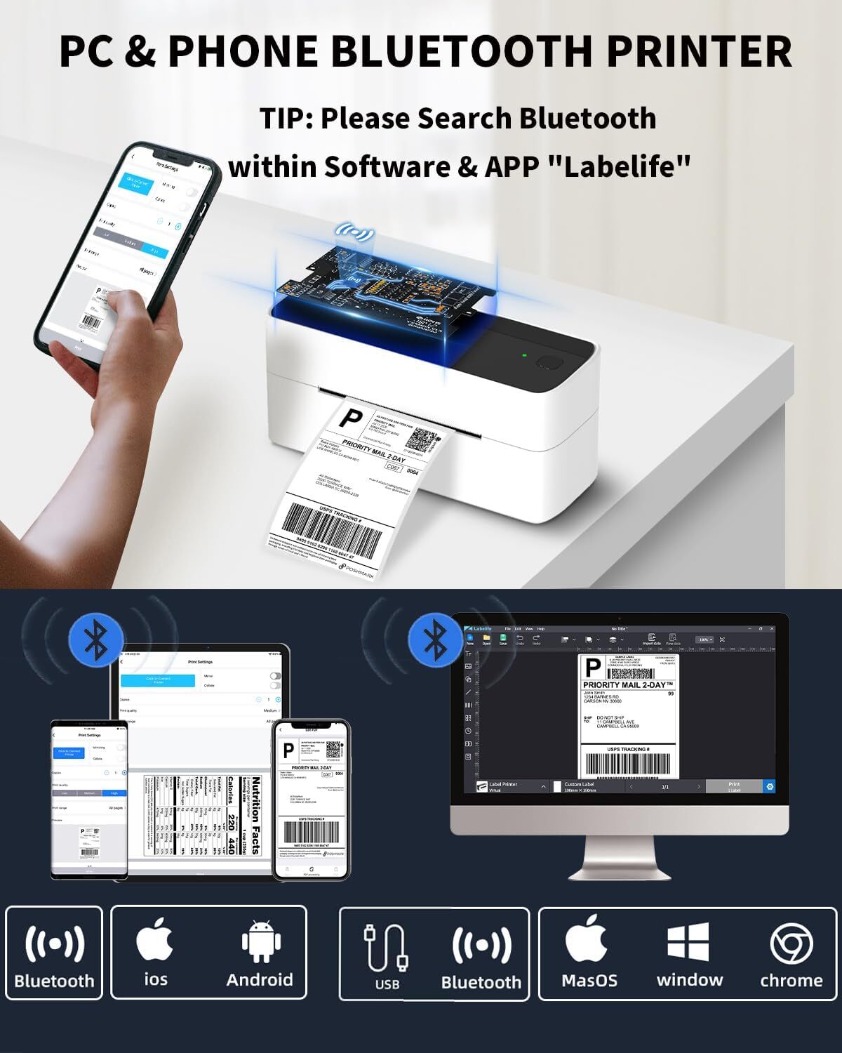 Bluetooth Thermal Shipping Label Printer Address Label Maker for Shipping Lot