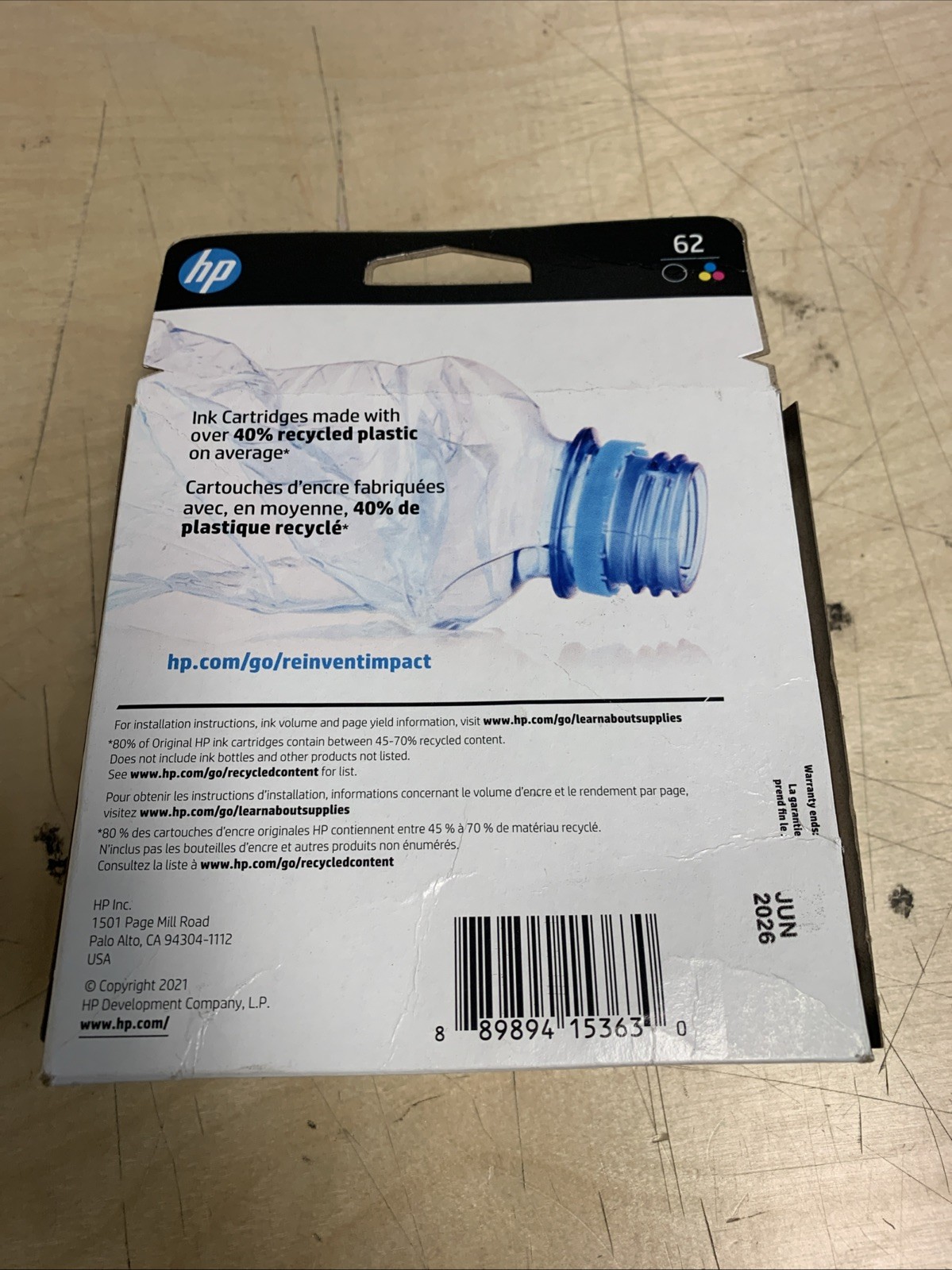HP 62 2-pack Black/Tri-color Original Ink Cartridges EXP- Jun 2026 (Damaged Box)