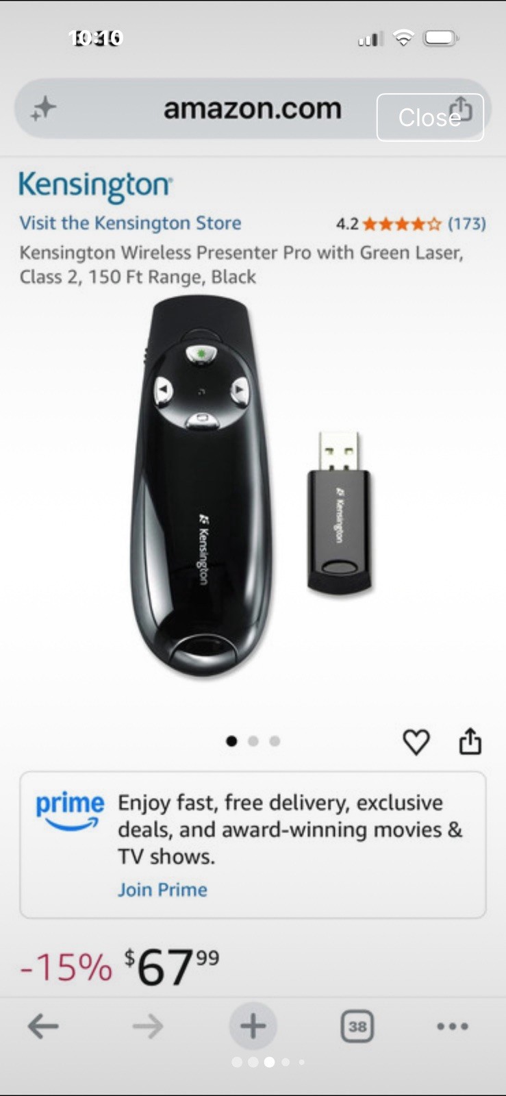 Kensington Wireless Presenter Pro Green Laser Pointer w/ USB Receiver, Black