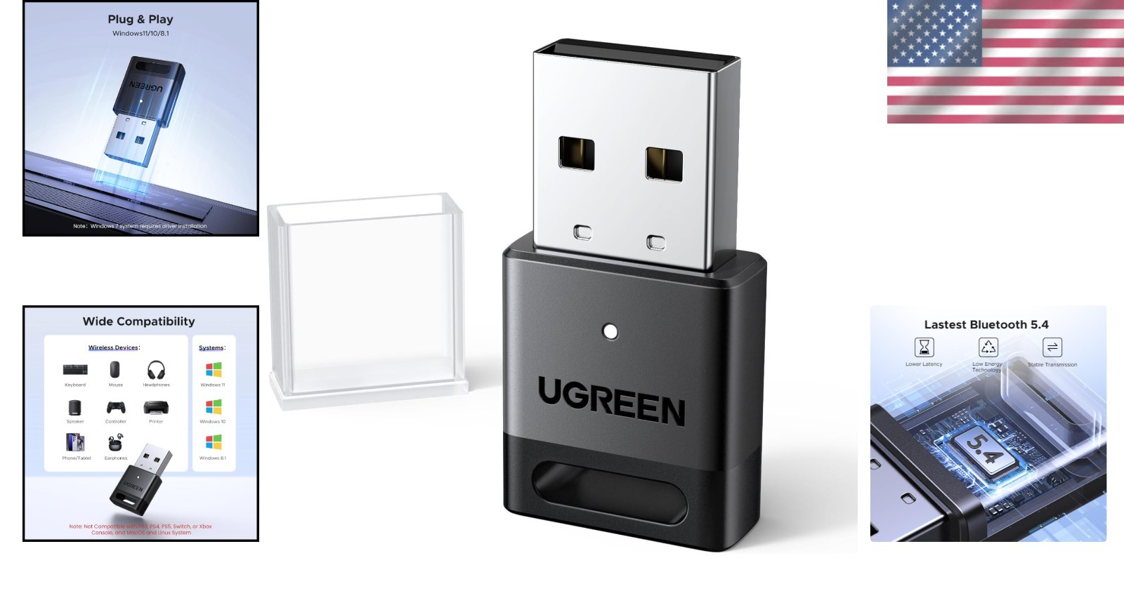 UGREEN USB Bluetooth Adapter for PC Bluetooth 5.4 Dongle Receiver EDR & BLE, Plu
