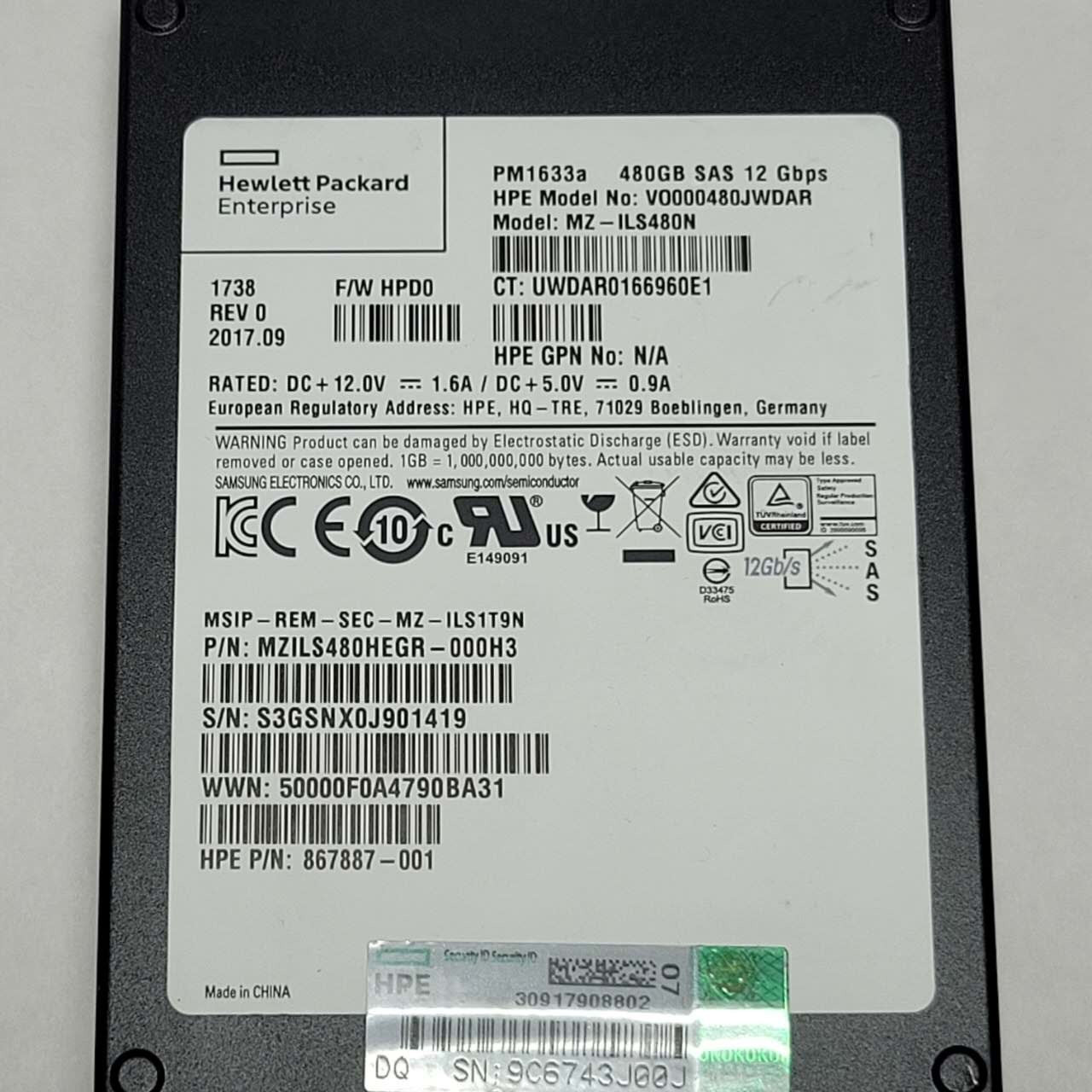 HPE SAMSUNG PM1633a 480GB 2.5″ SAS SSD MZ-ILS480N 867887-001 98% HEALTH