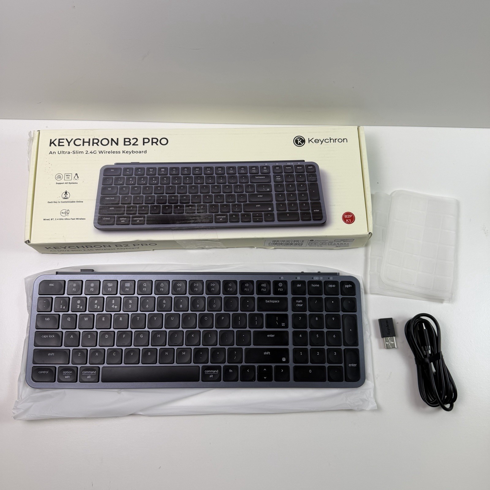 Keychron Ultra-Slim B2 Pro Bluetooth Keyboard 2.4 GHz Wireless Space Gray