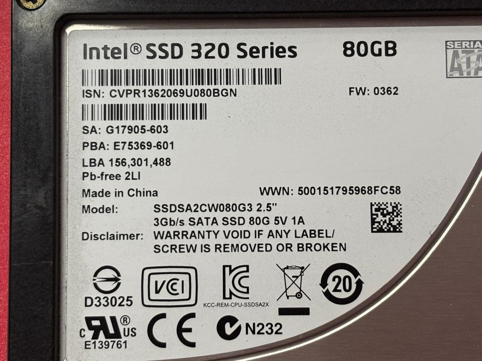 🔴Intel 80GB SSD 320 SERIES 2.5″ SATA SOLID STATE HARD DRIVE SSDSA2CW080G3