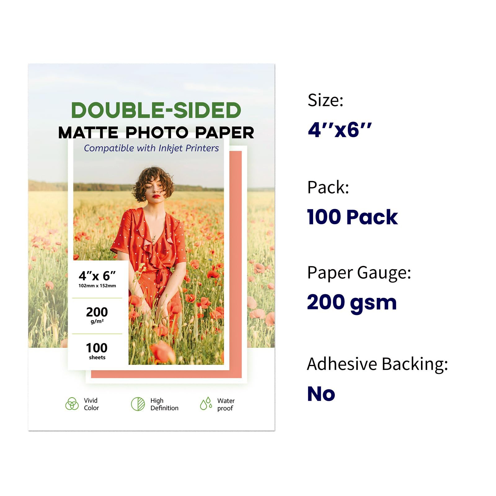 Premium Matte Photo Paper 4×6, 100 Sheets, Inkjet Printer Paper