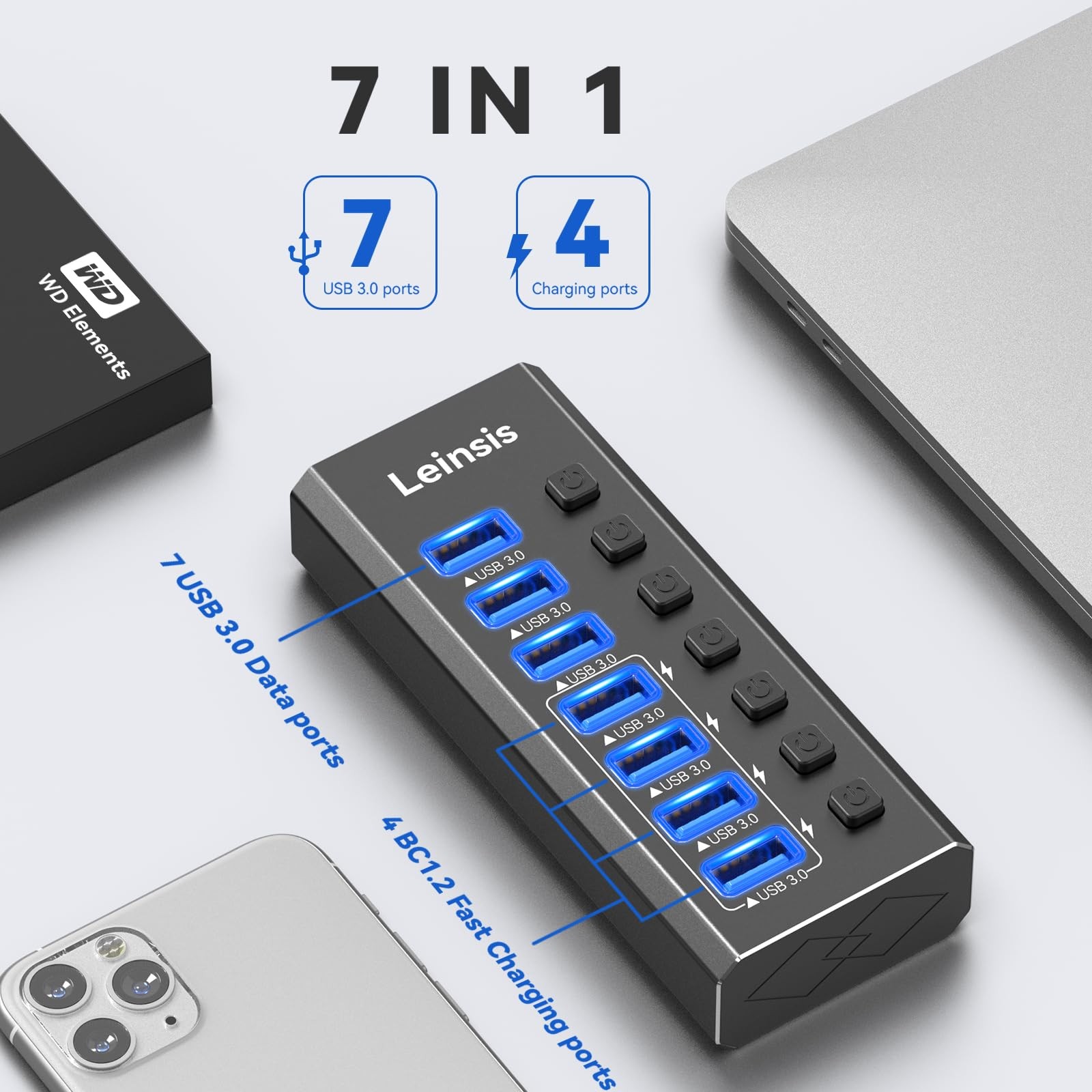 Powered USB Hub 3.0, Leinsis 7-Port 3.0 3.01, Metallic Black