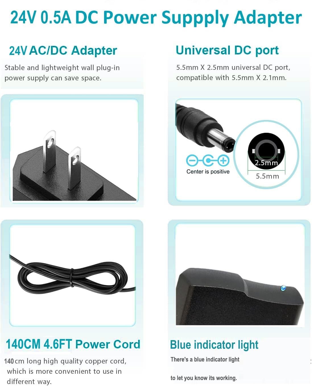 DC 24V 0.5A 500mA Power Supply 12W AC Adapter 100-240V 50-60Hz to Black