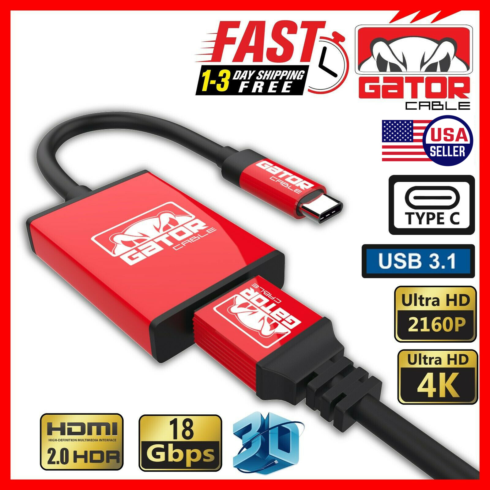 USB-C Type-C to HDMI HDTV Cable Adapter 4K Audio Video AV 60Hz 18Gbps Mac PC 3FT