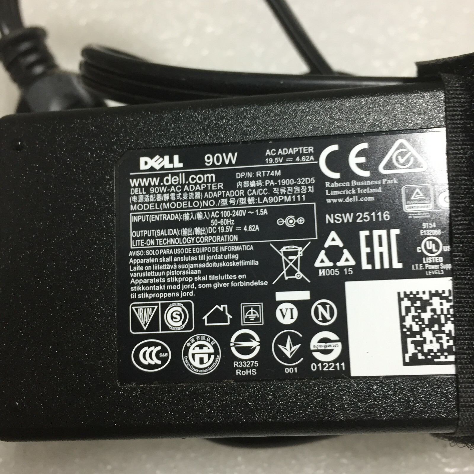 Lot of 5 Genuine Dell 90W AC Adapter 19.5V 4.62A RT74M VRJN1 Laptop Charger