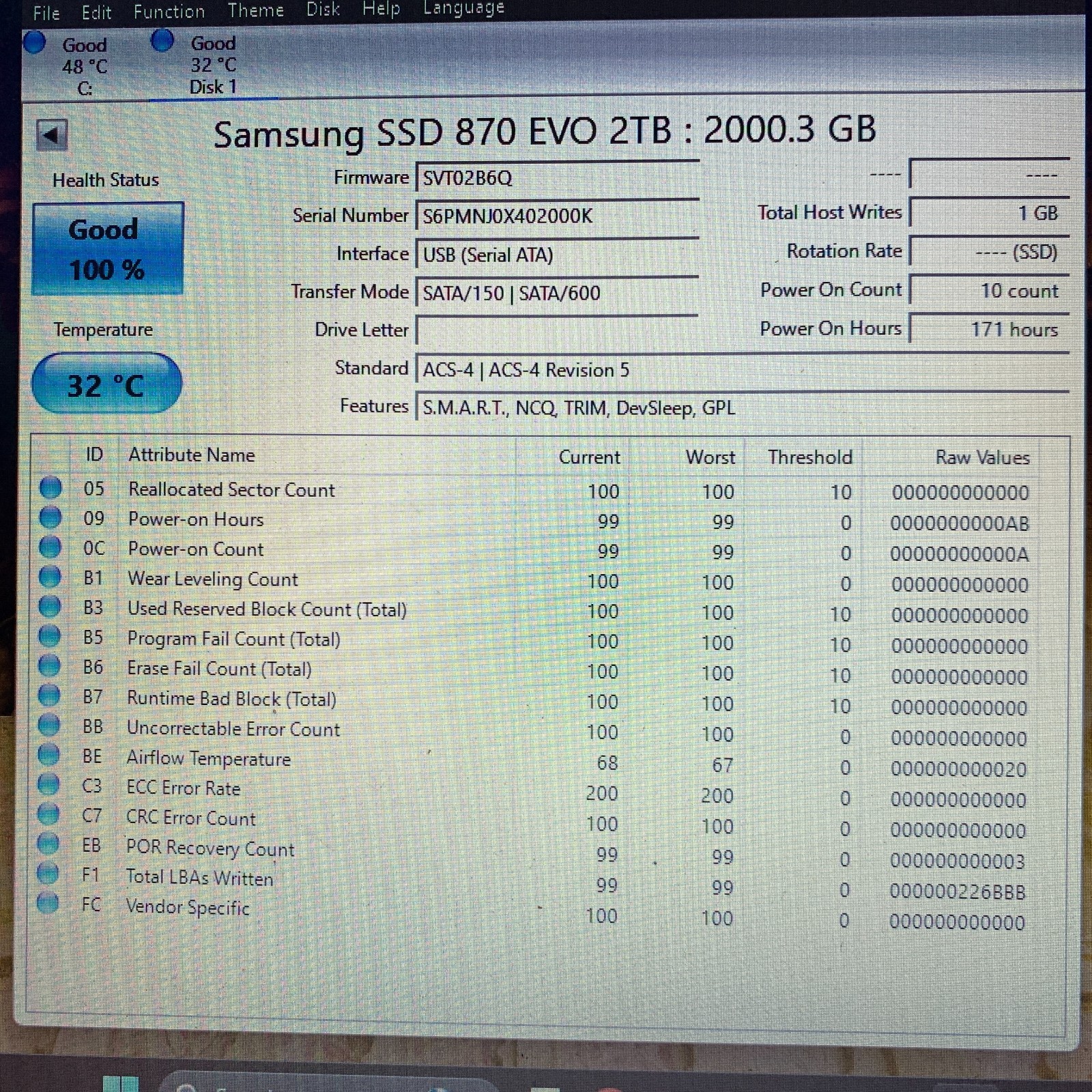 Samsung 870 EVO 2TB 2.5″ SATA III Internal SSD MZ-77E2T0 99-100% Health