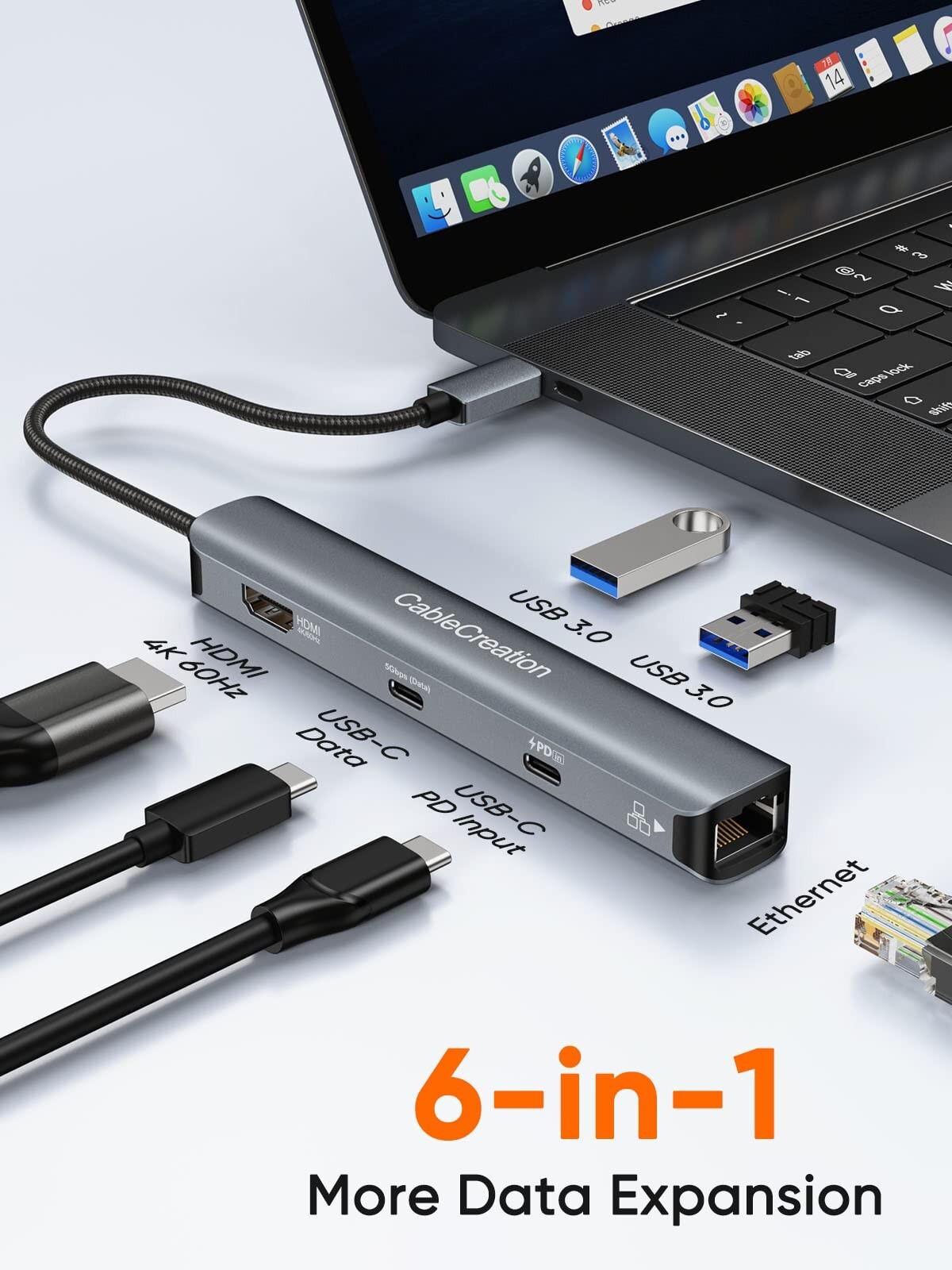 CableCreation 6-in-1 USB-C Hub 4K 60HZ HDMI, USB C Data Port, 1Gbps, USB 3.0