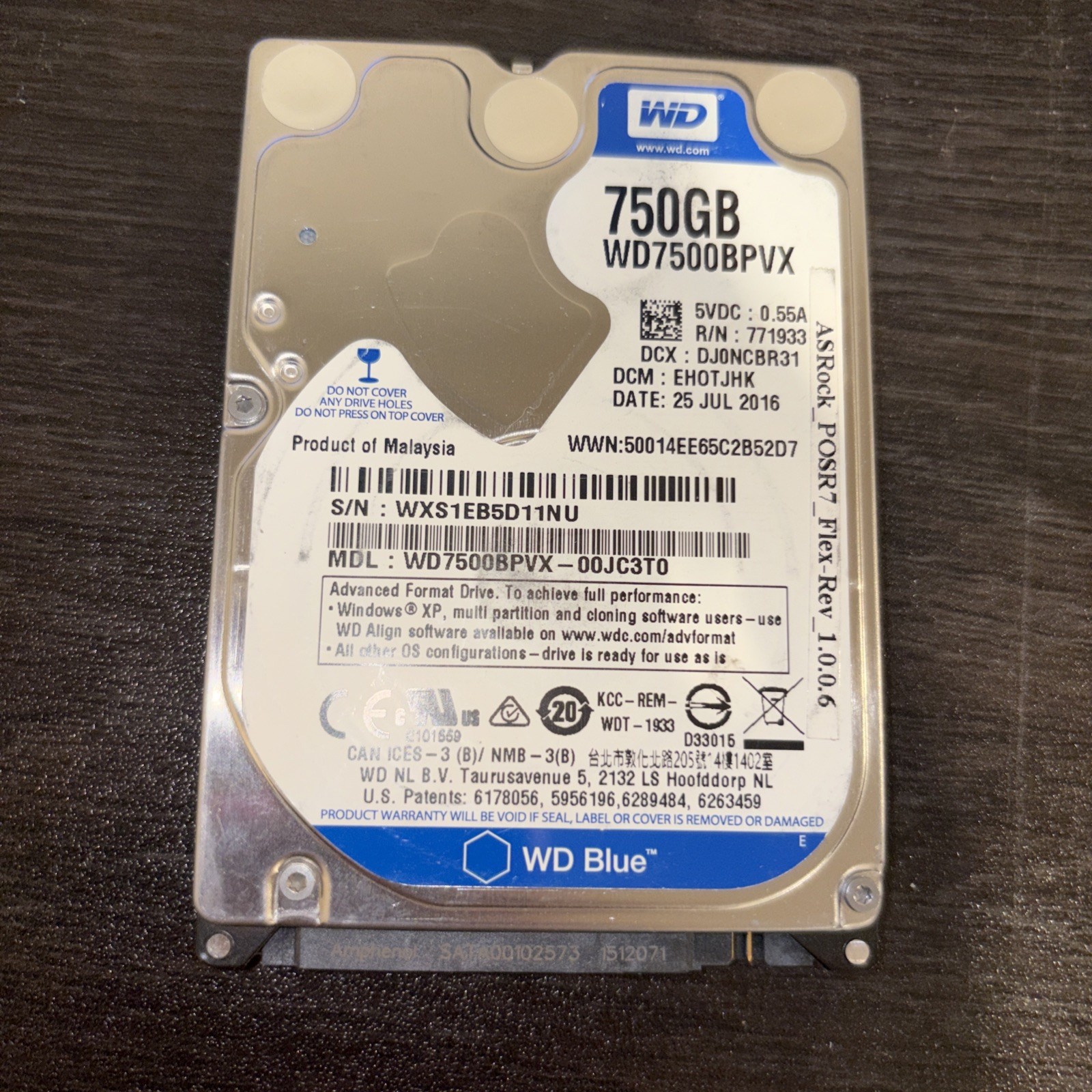 WD7500BPVX-00JC3T0 DCM: EHOTJHK WXM1E Western Digital 750GB