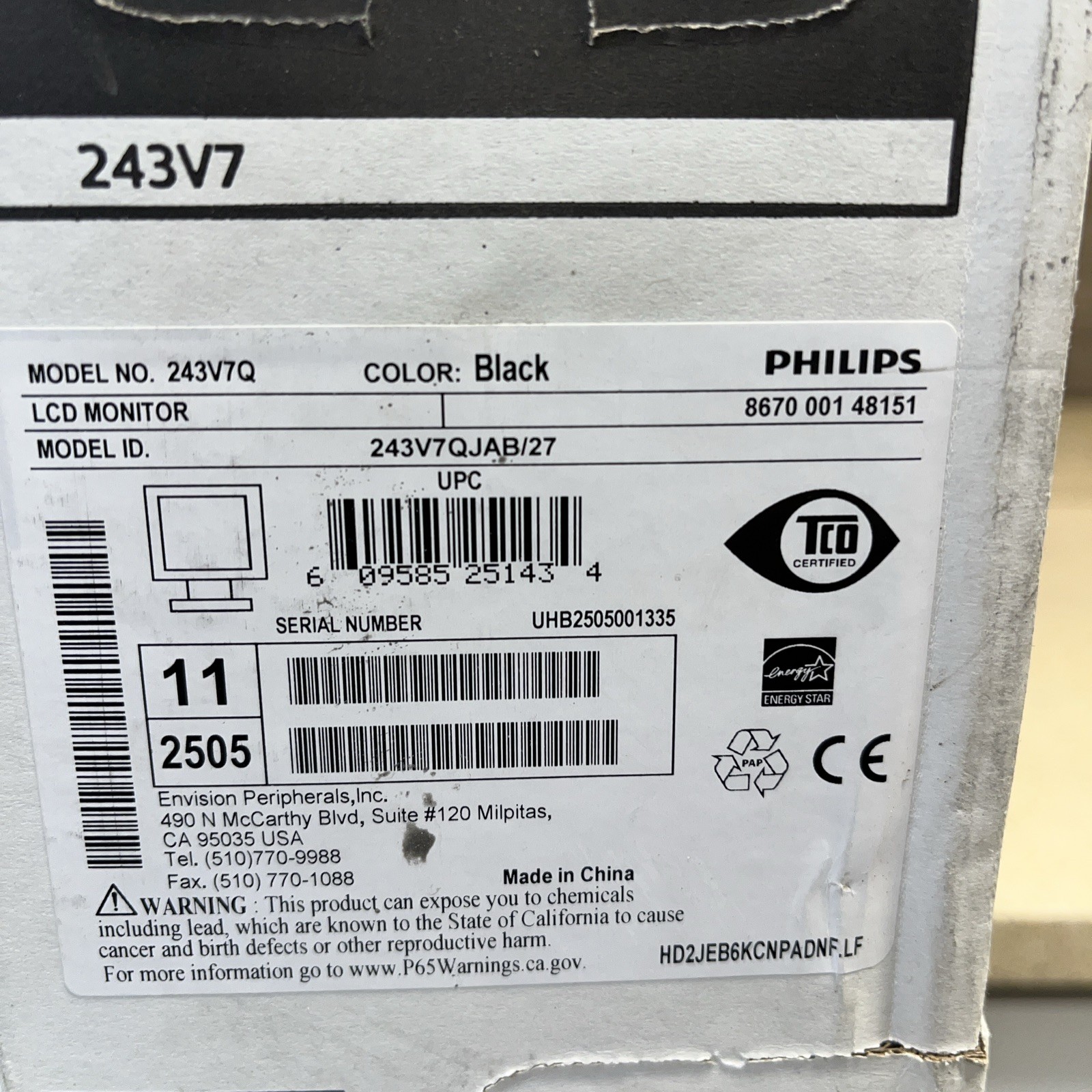 Philips 243V7QJAB 23.8″ LCD Monitor Full HD Anti-Glare Widescreen HDMI VGA DVI-D