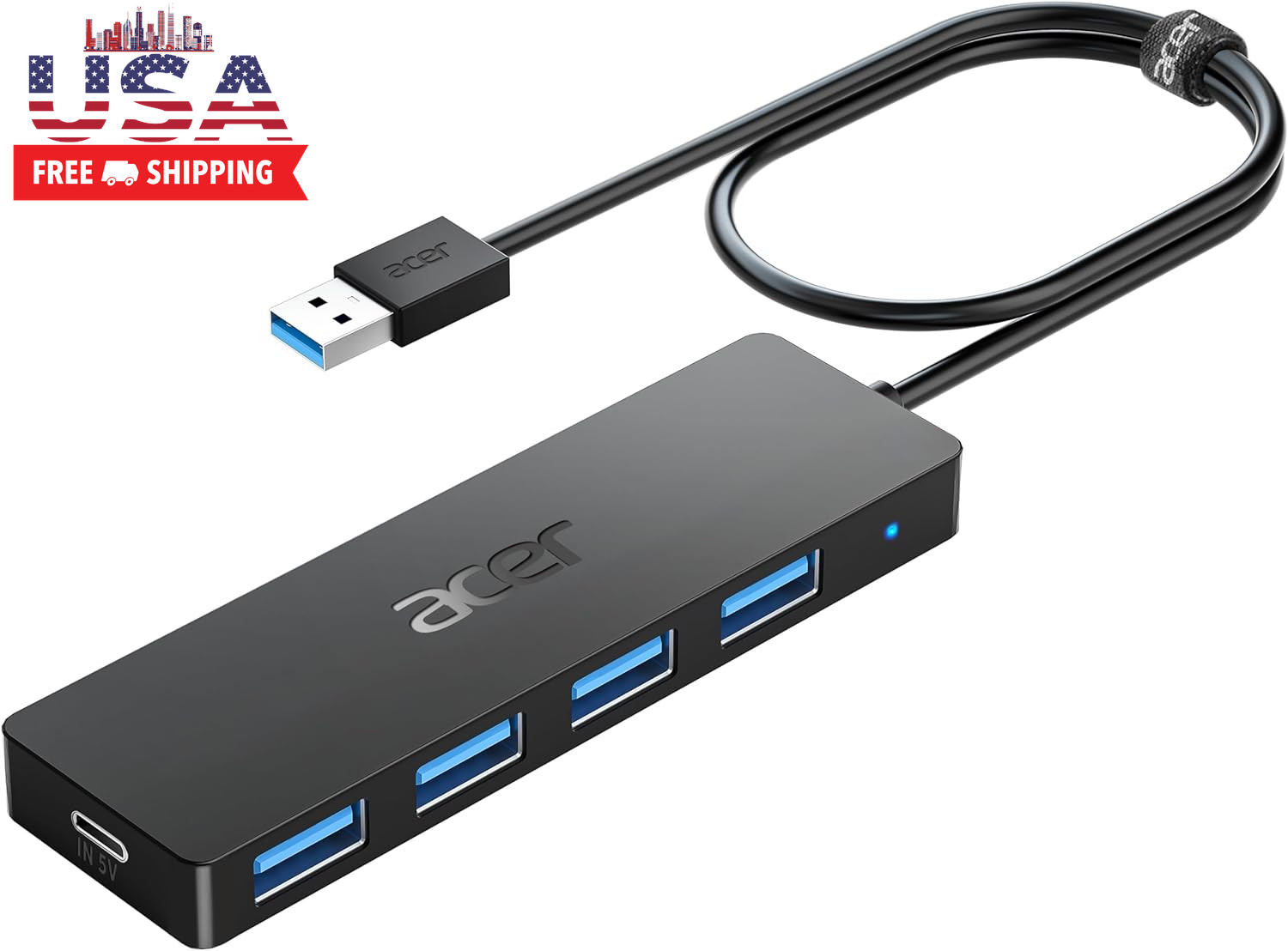 Acer USB Hub 4 Ports, Multiple USB 3.0 Hub, USBA Splitter for Laptop with Type C