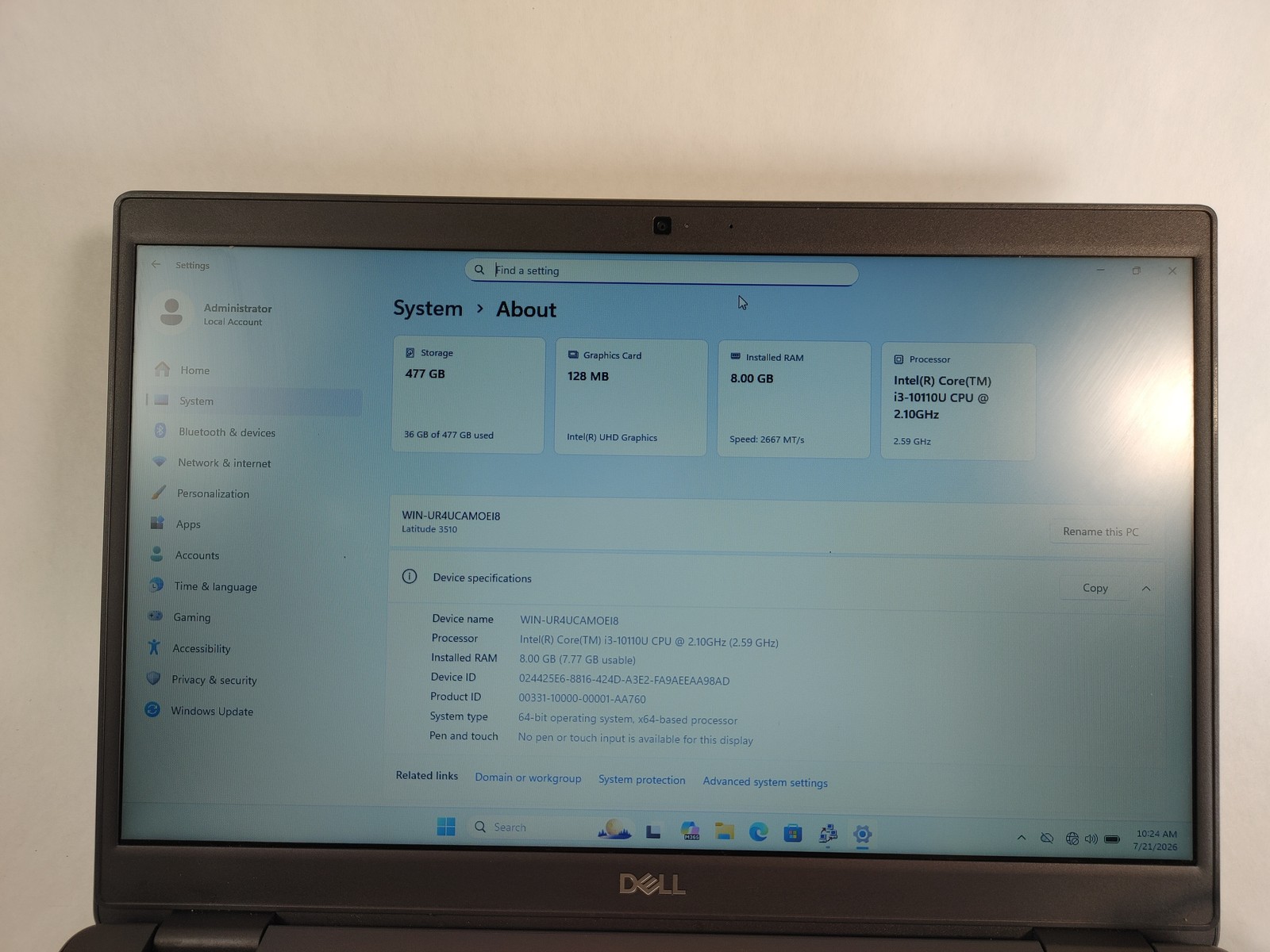 Dell Latitude 3510 Core i3-10110U 2.10 GHz 8 GB DDR4 512 GB M.2 Windows 11 Pro