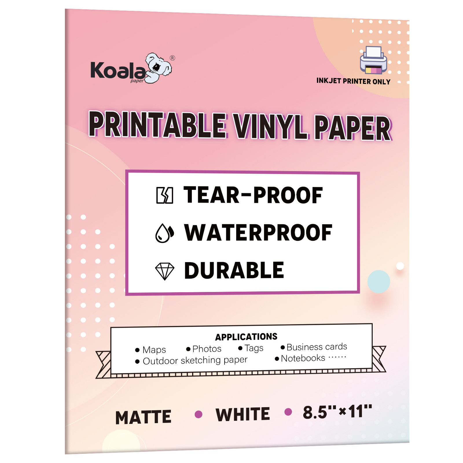 Koala Waterproof Printer Paper 8.5×11 Matte White Inkjet Printable Vinyl Sheets