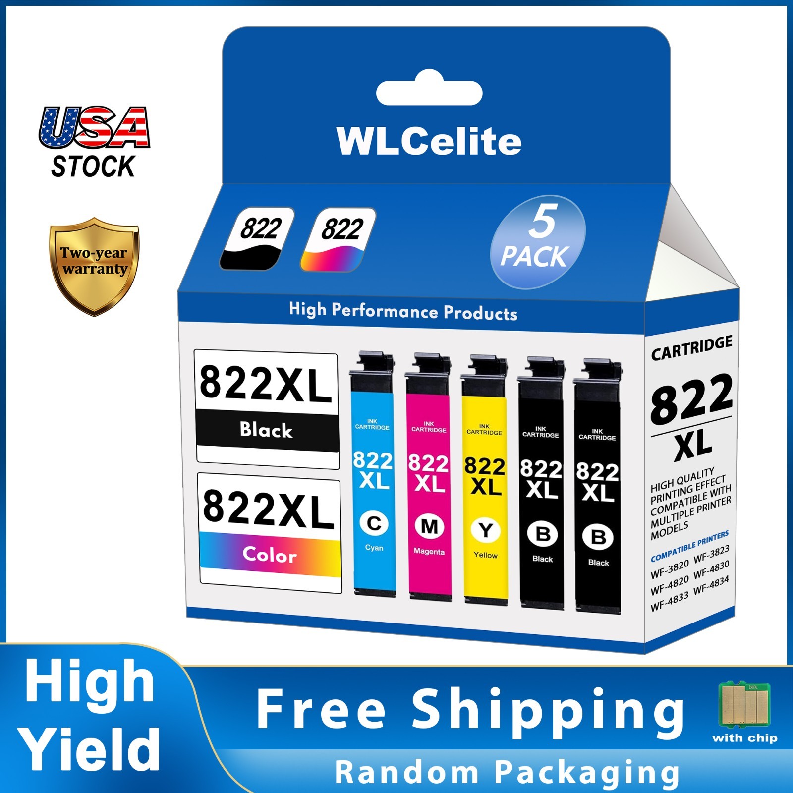 5PK 822XL Ink Cartridges For Epson WF-3820 WF-4820 WF-4833 WF-3823 WF-4830