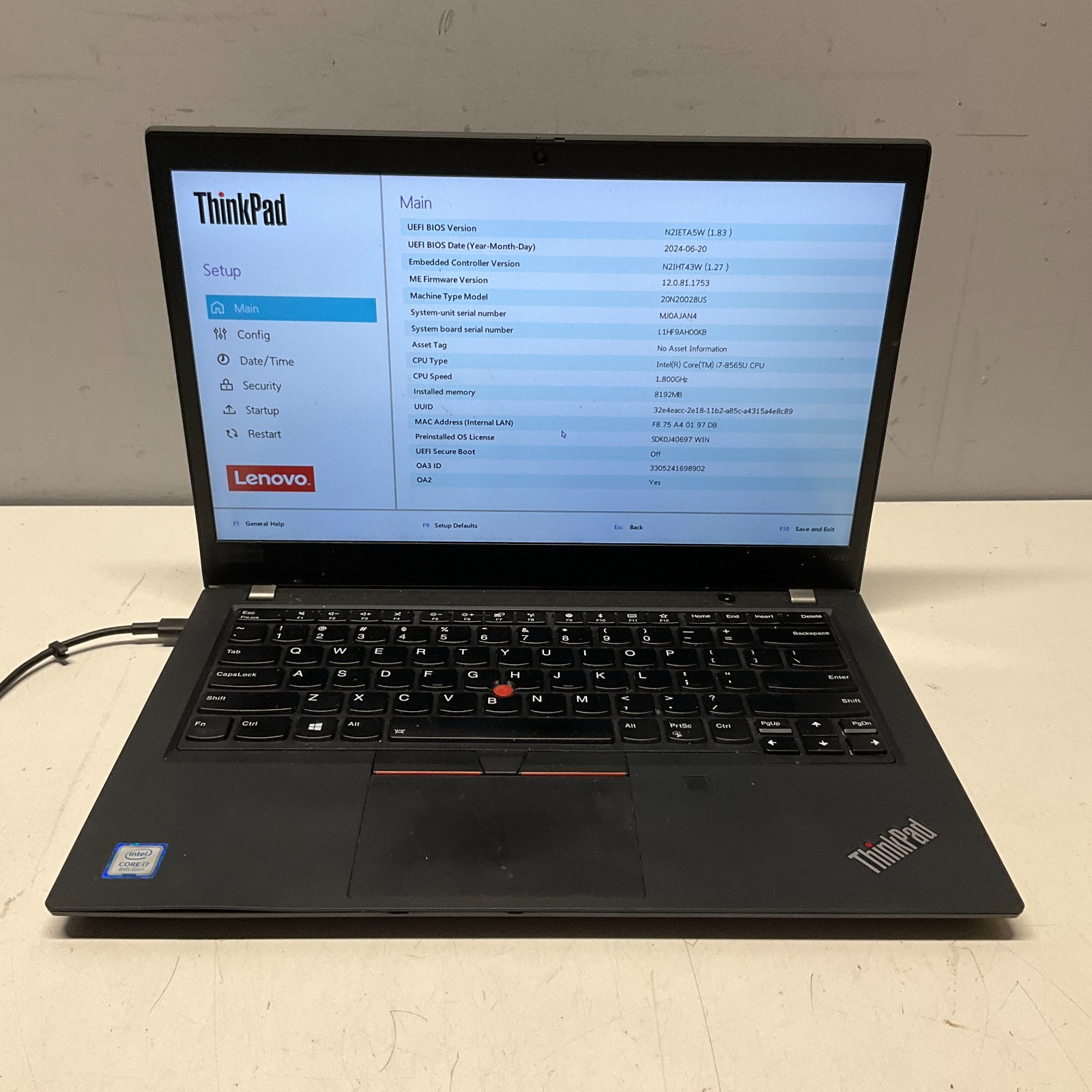 Lenovo Thinkpad T490 14” Intel Core i7-8665U 1.90GHz 8GB Laptop READ ISSUE