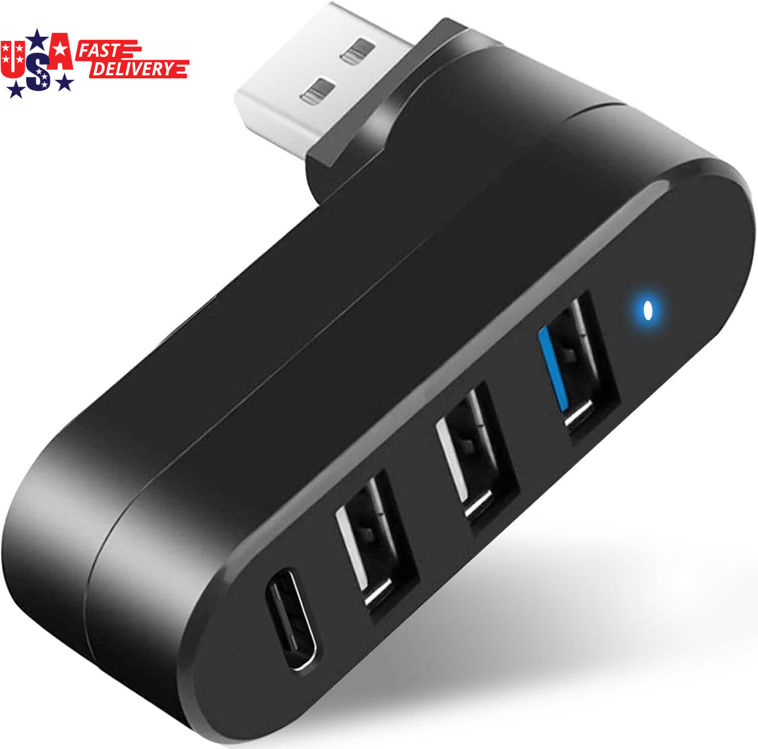 4-Port USB 3.0 Hub Rotating 90/180 Degree USB Splitter w/ USB-C Power Input, 5Gb