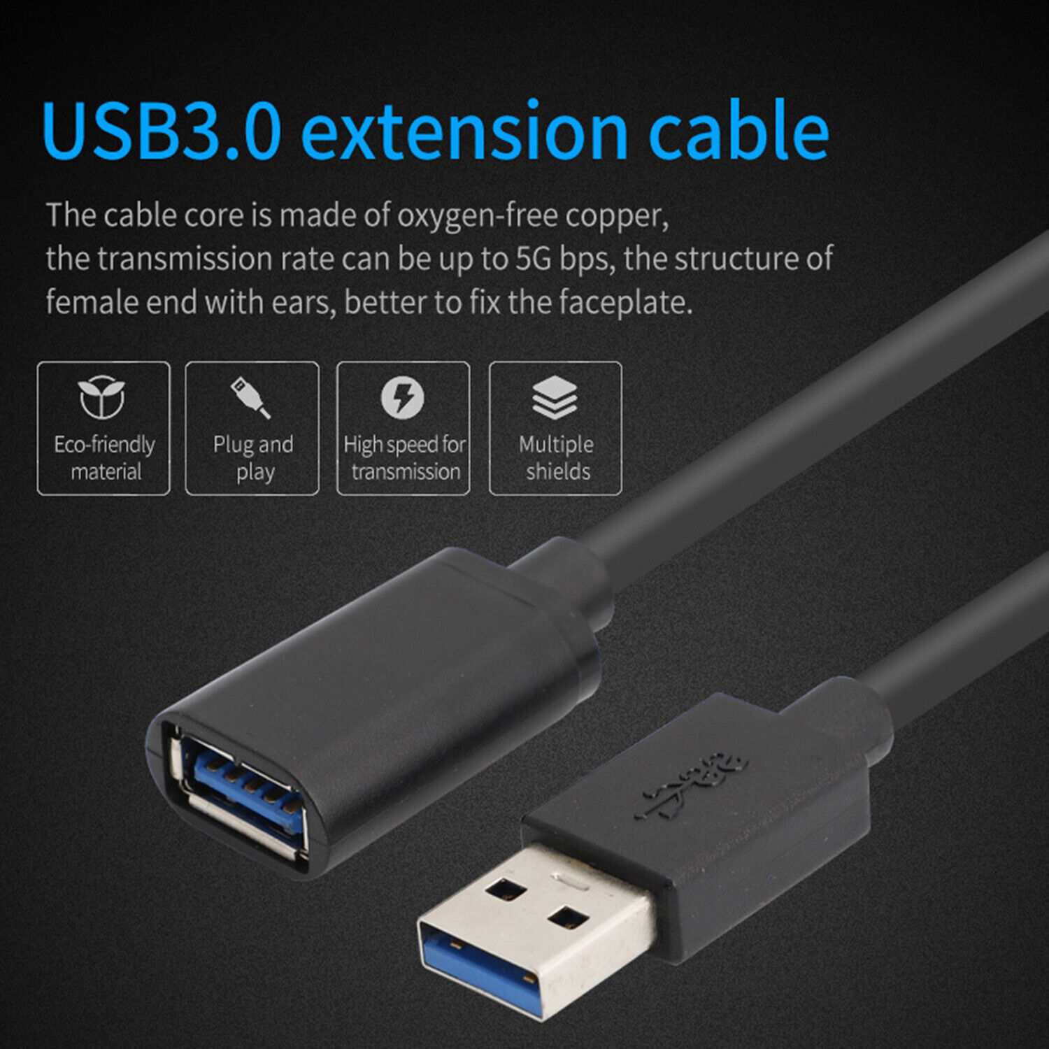 SatelliteSale USB 3.0 Extension Data Cable 5Gbps SuperSpeed Black Cord