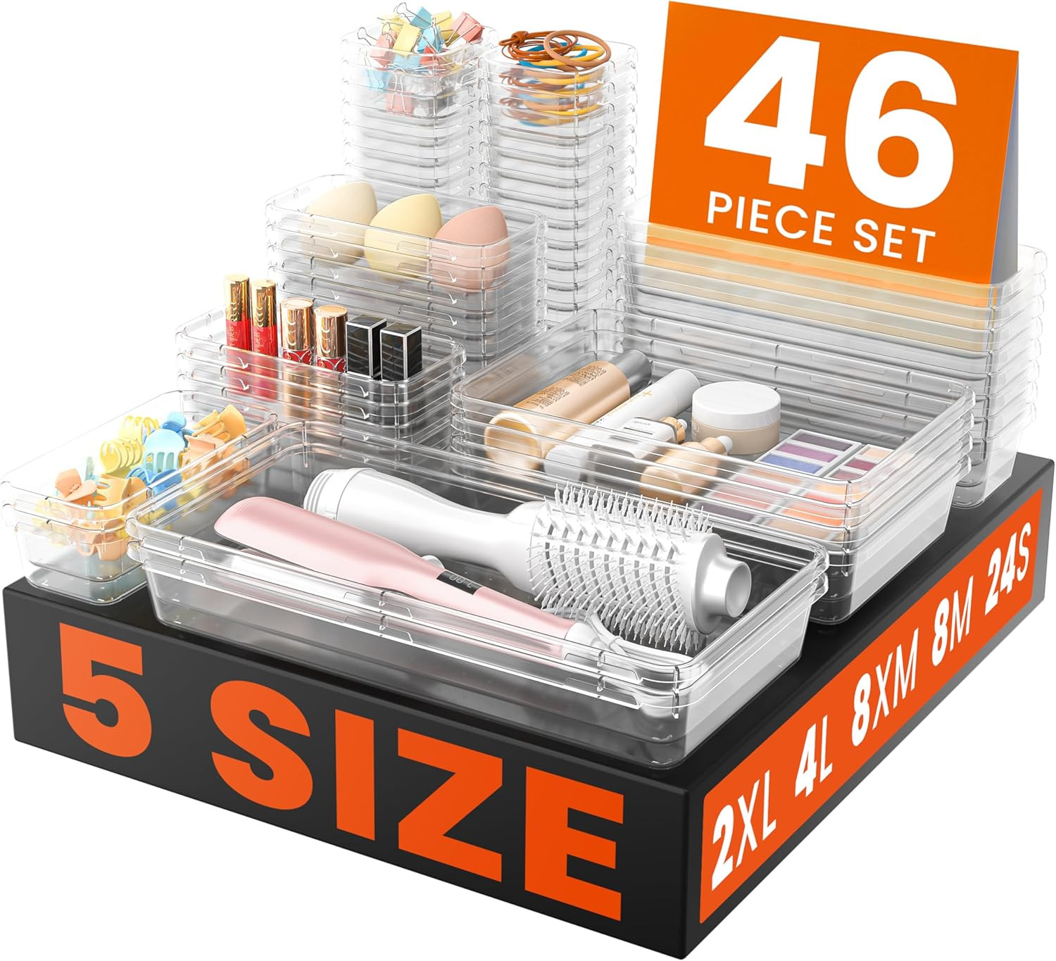 【46PCS & 5Sizes Clear Drawer Organizer,【Hold 277 Items】 Makeup Organizer, Bathro