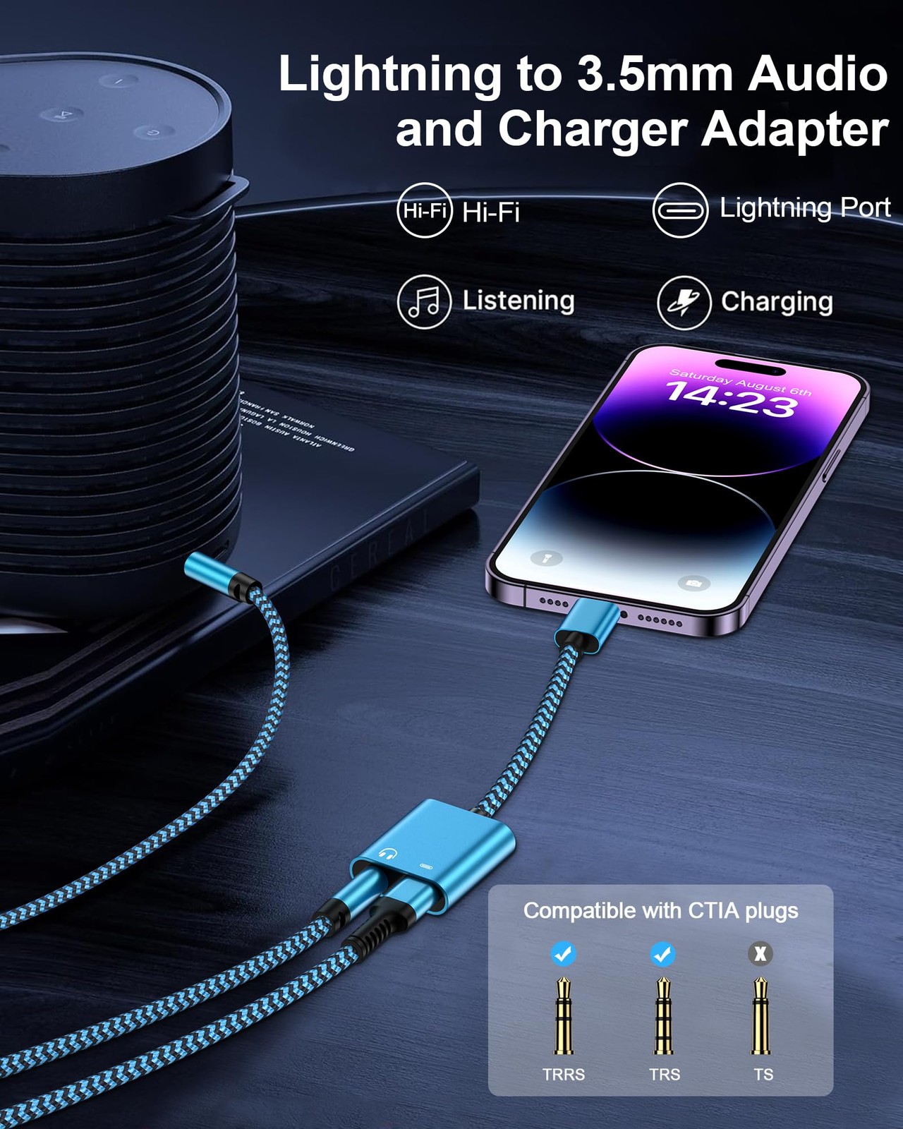 iPhone Headphone Adapter with Charge 2-in-1 Lightning to 3.5mm Female Blue
