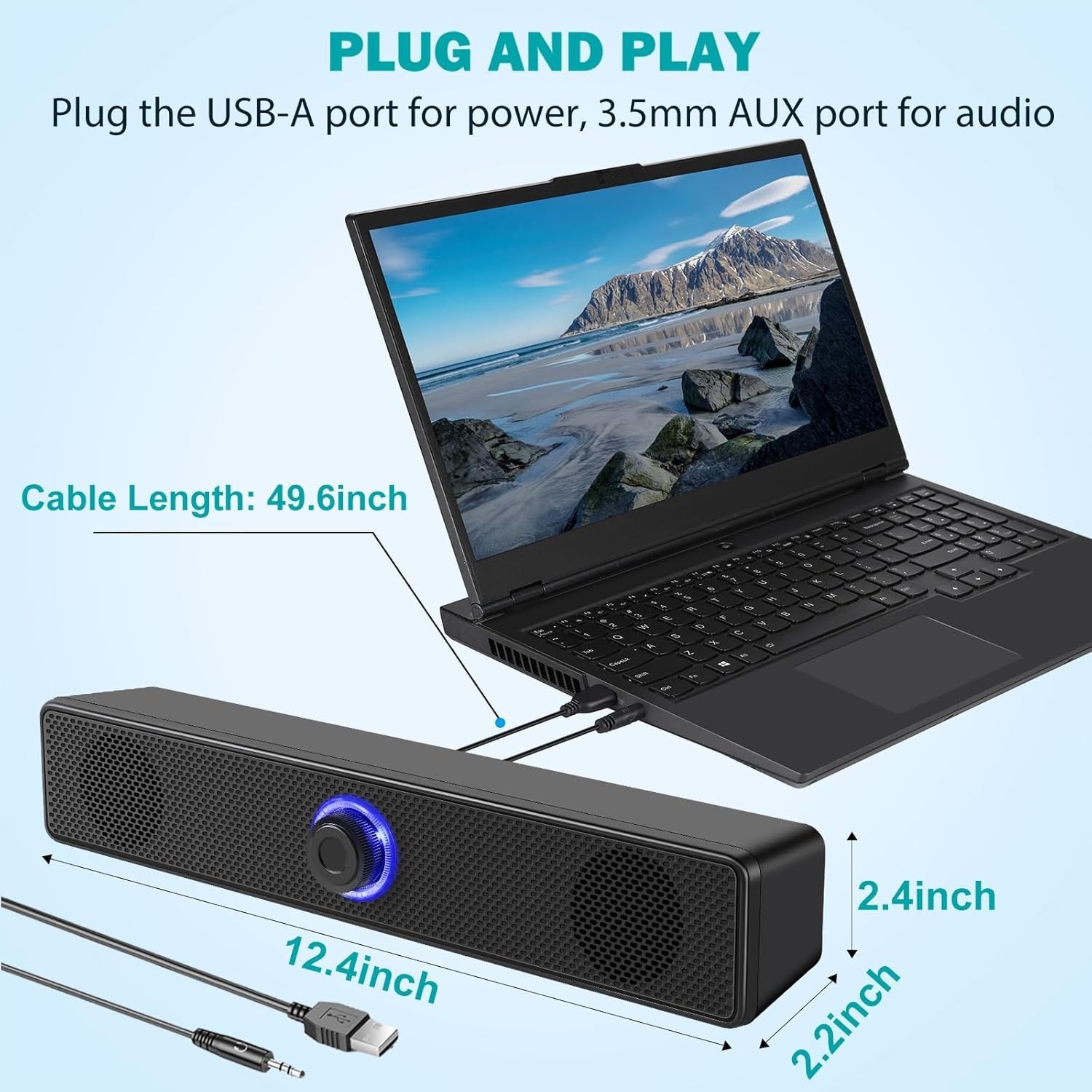 Plug and Play Wired Stereo Speakers with USB-A and AUX for Computers & Laptops