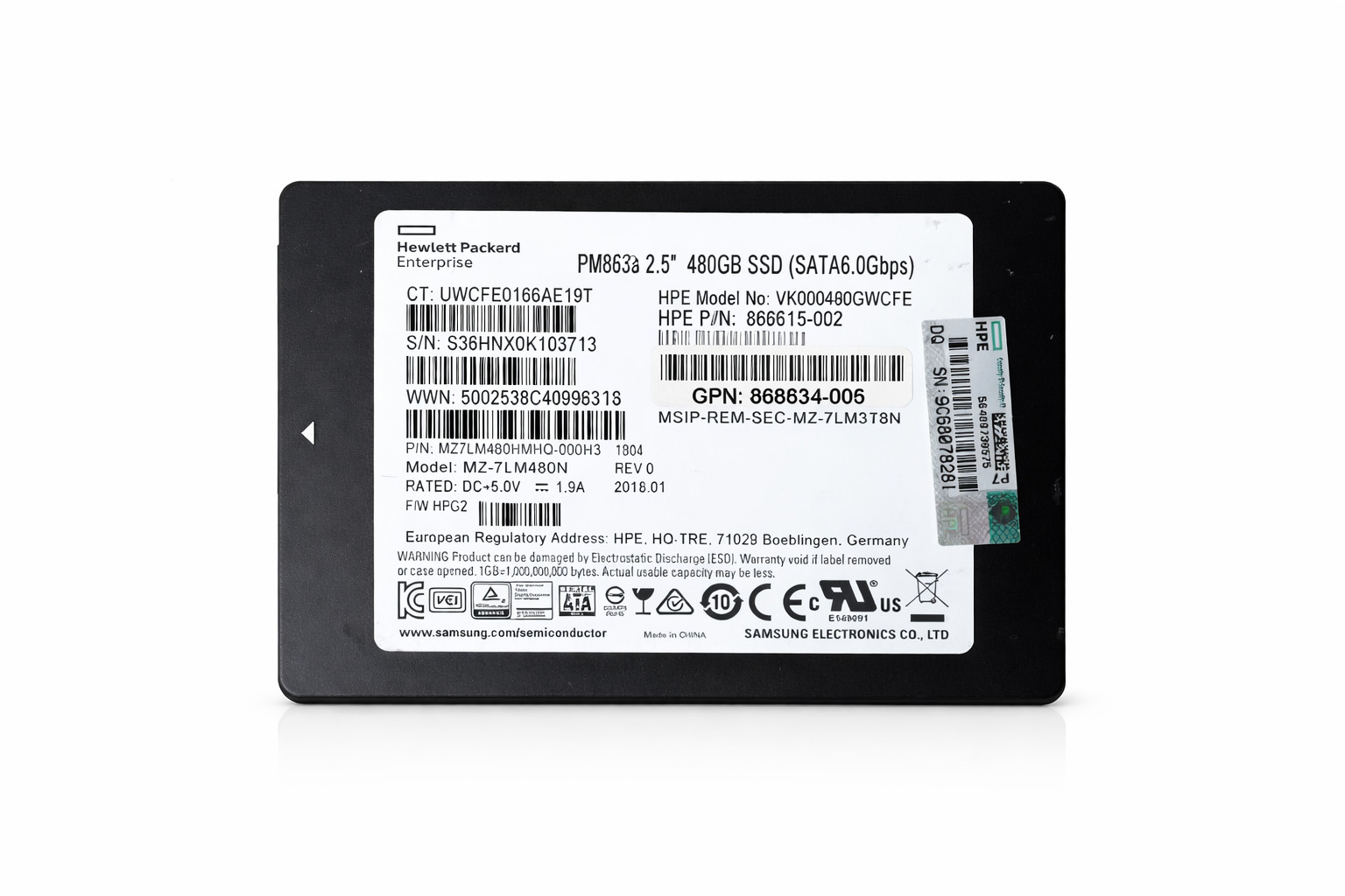 SamsungPM863a480GB 2.5″SATA 6GbpsTLC SSD VK000480GWCFE 866615-002